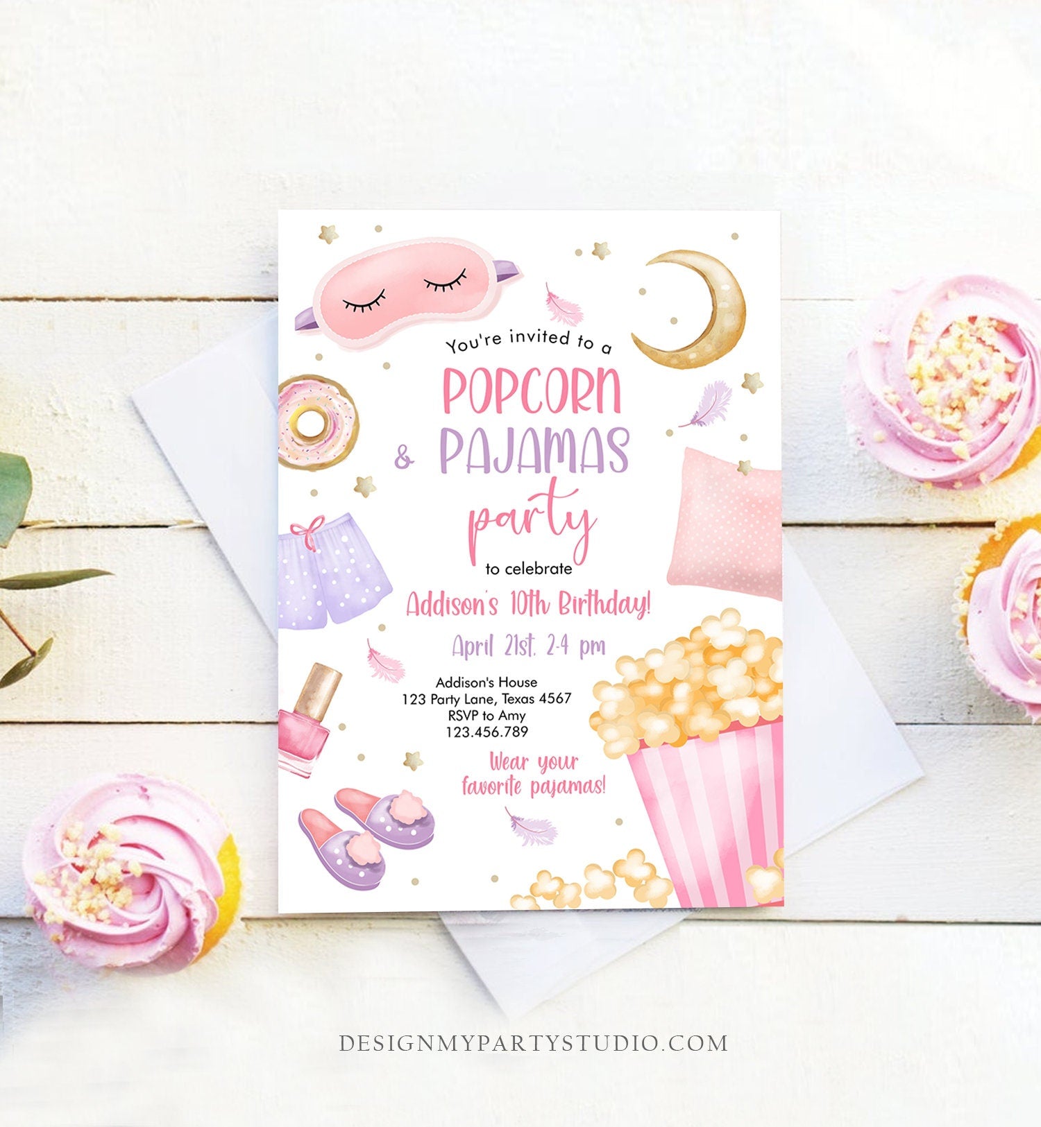 Editable Popcorn and Pajamas Birthday Invitation Movie Night Party Girl Pink Teen Tween Slumber Party Digital Corjl Template Printable 0447