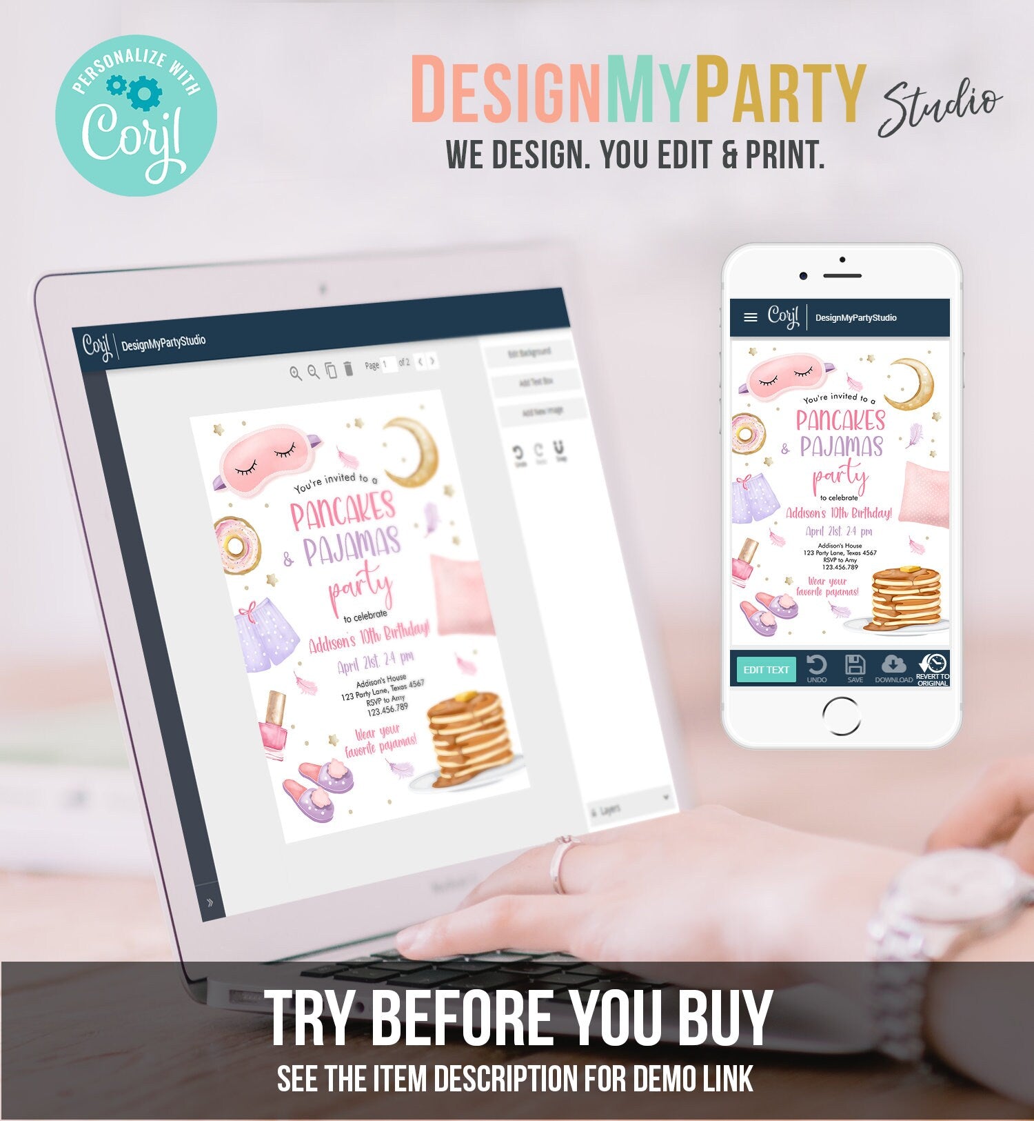 Editable Pancakes and Pajamas Birthday Invitation Movie Night Party Girl Pink Teen Tween Slumber Party Digital Corjl Template Printable 0447