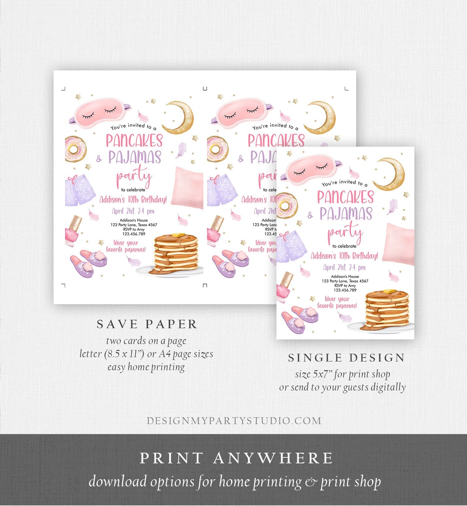 Editable Pancakes and Pajamas Birthday Invitation Movie Night Party Girl Pink Teen Tween Slumber Party Digital Corjl Template Printable 0447