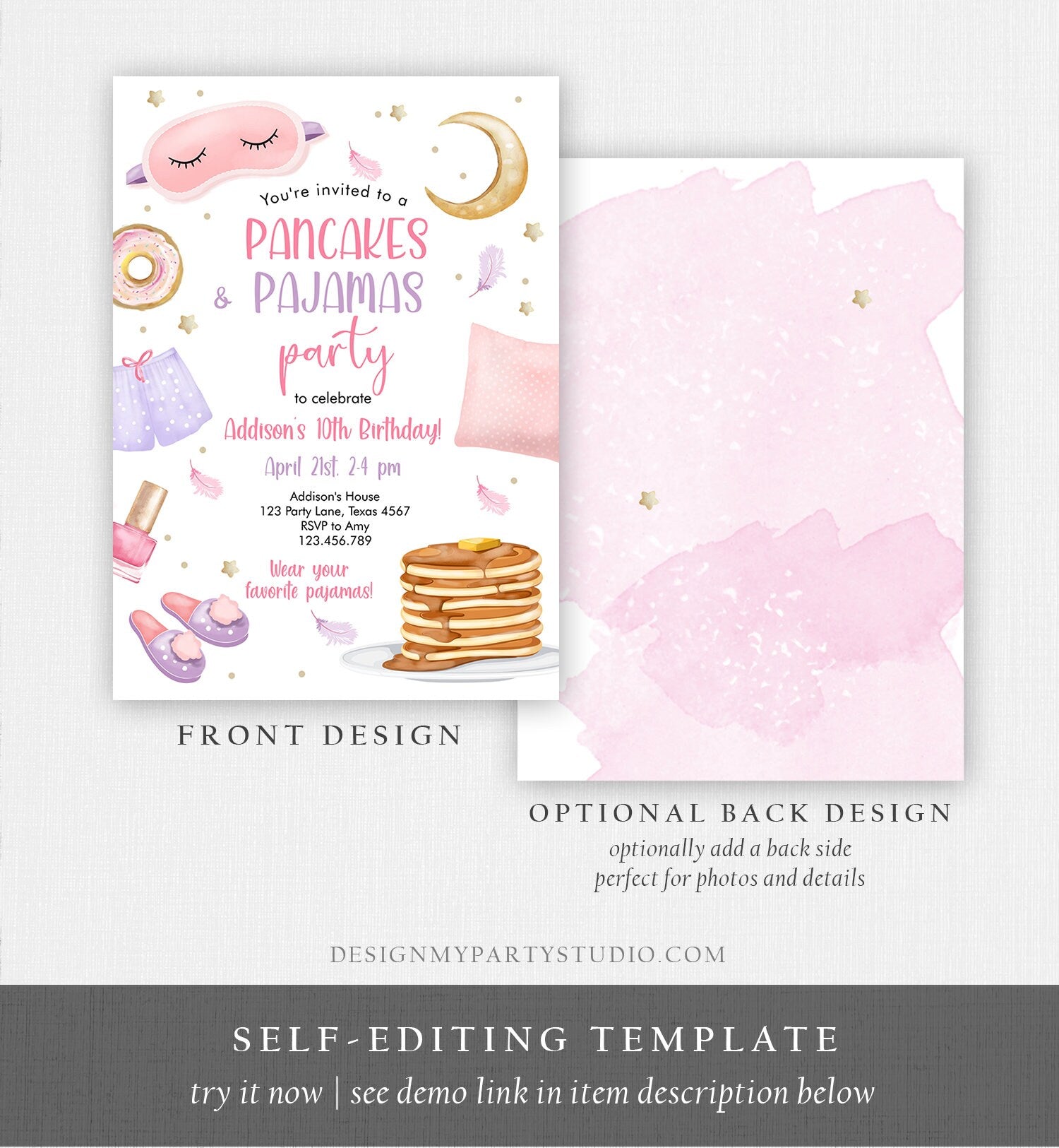 Editable Pancakes and Pajamas Birthday Invitation Movie Night Party Girl Pink Teen Tween Slumber Party Digital Corjl Template Printable 0447