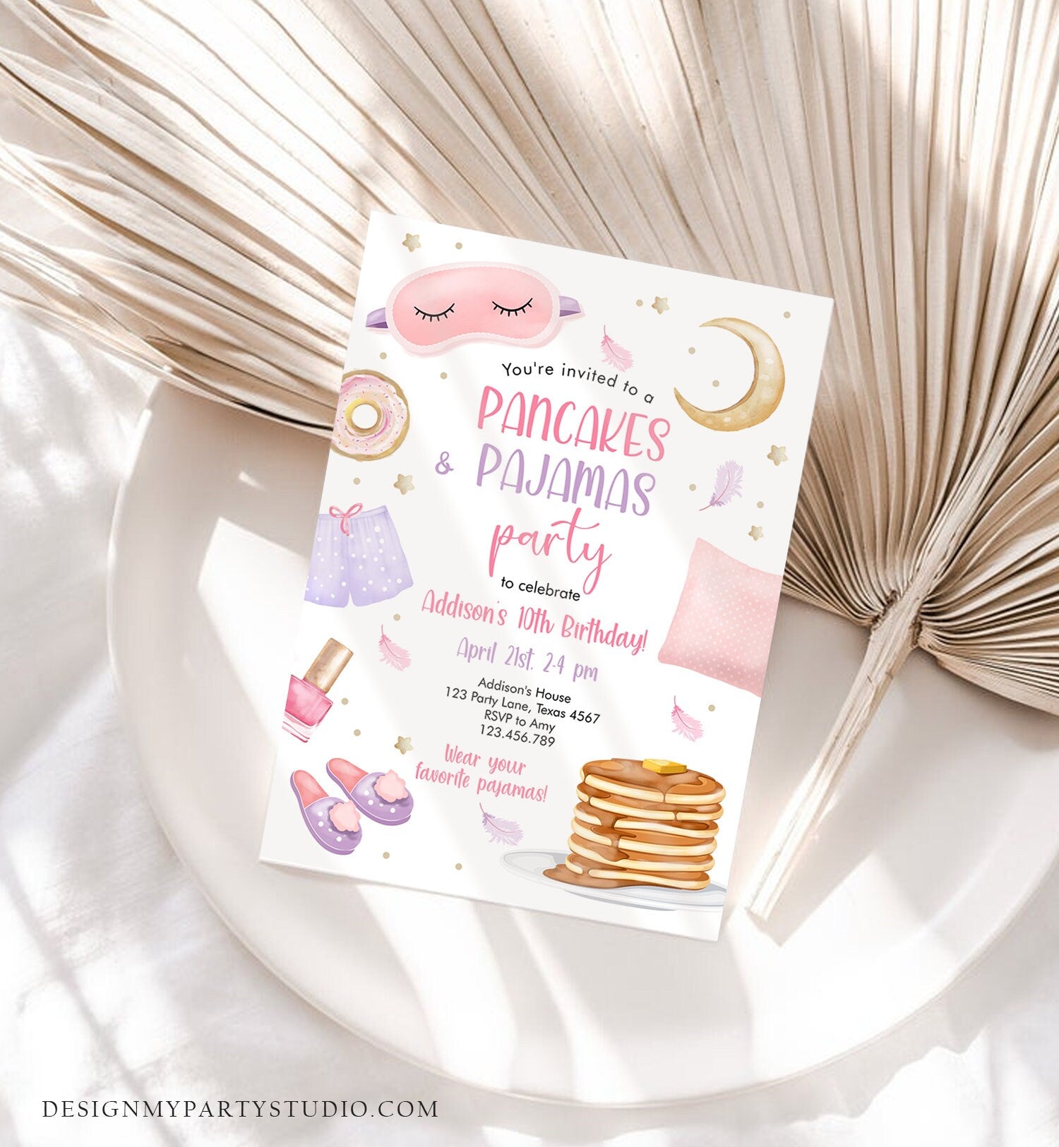 Editable Pancakes and Pajamas Birthday Invitation Movie Night Party Girl Pink Teen Tween Slumber Party Digital Corjl Template Printable 0447