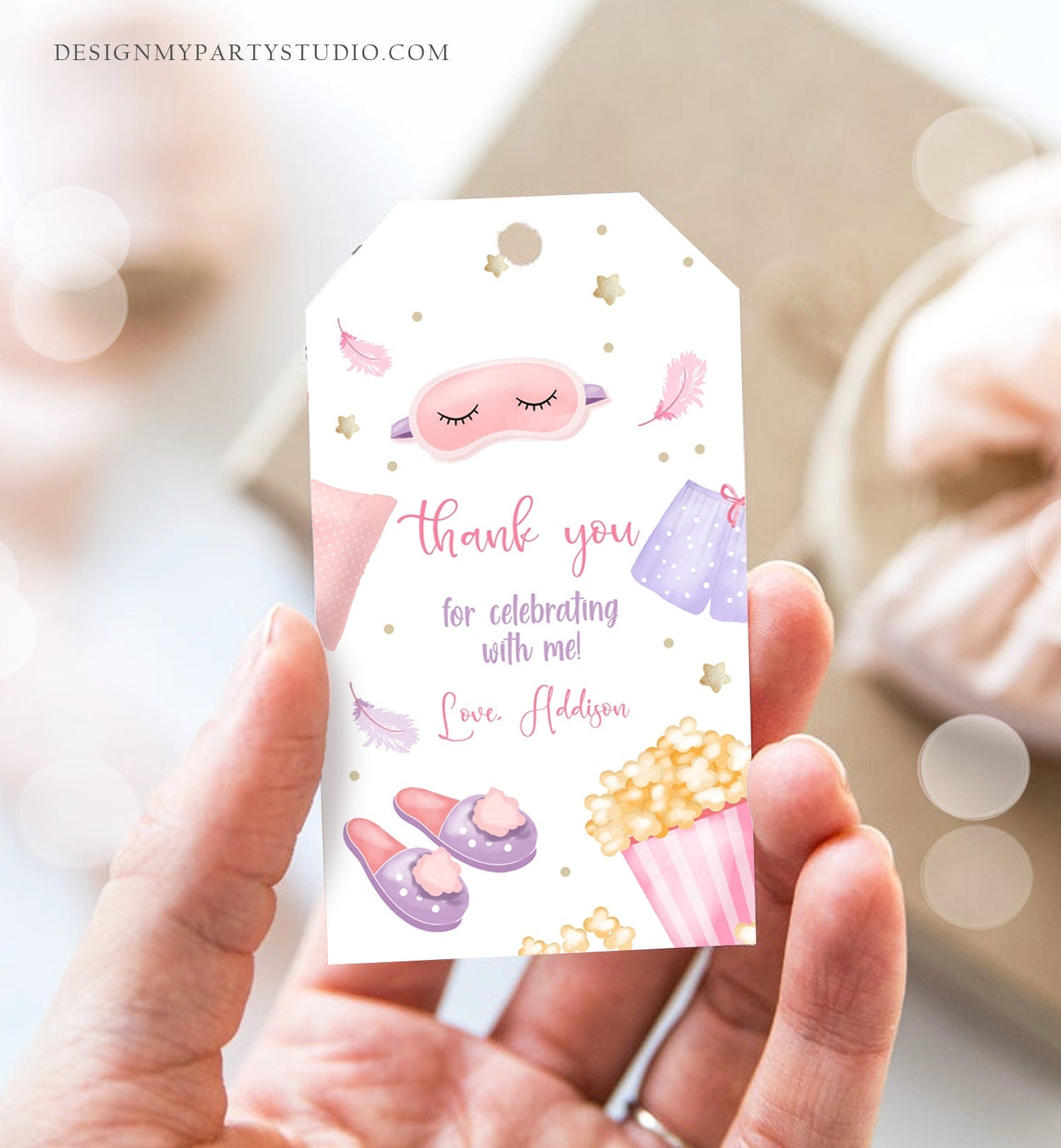 Editable Slumber Party Thank You Tag Sleepover Favor Tags Pink Girl Movie Night Teen Popcorn Pajamas Labels Template Printable Corjl 0447