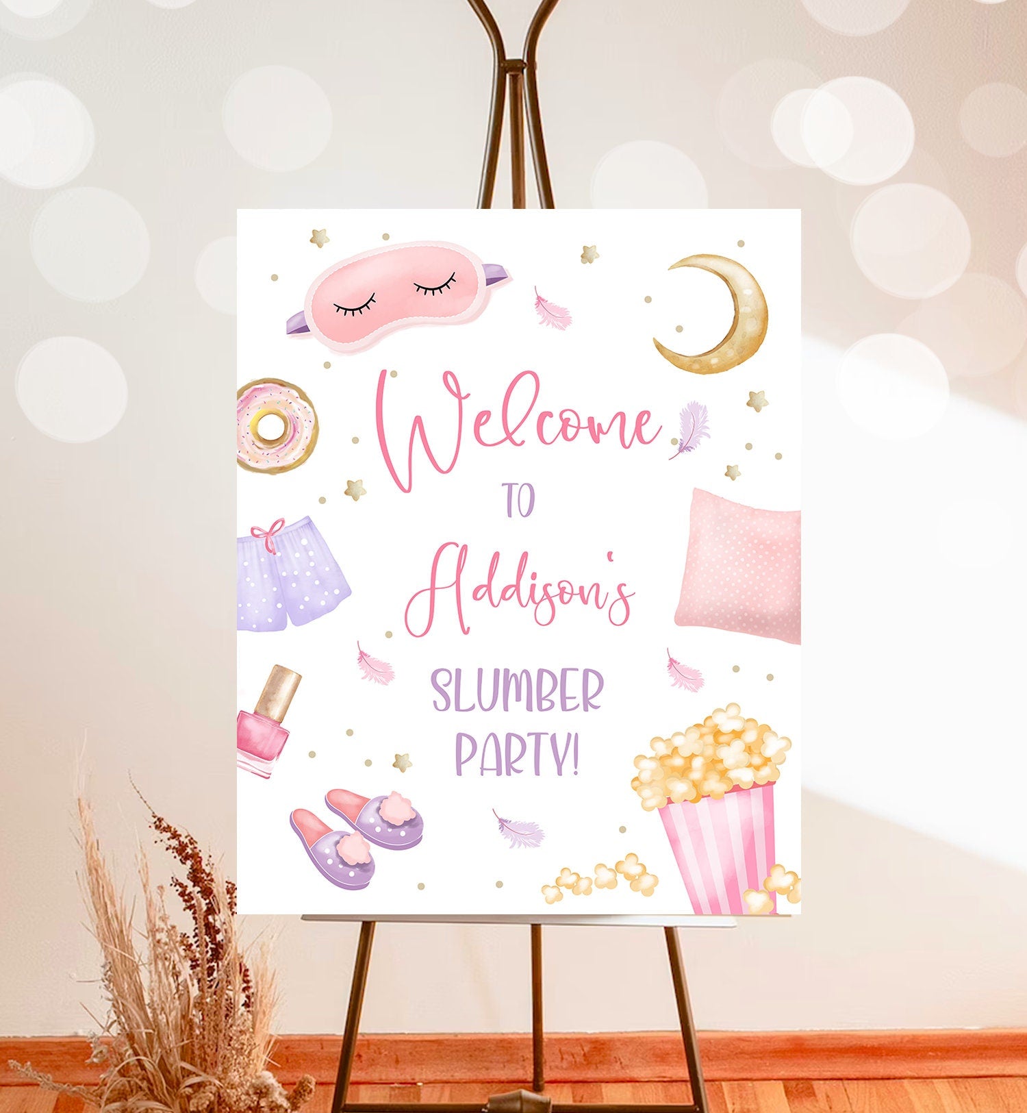 Editable Sleepover Birthday Welcome Sign Slumber Party Poster Pajamas Movie Night Sign Digital Download Template Printable 16x20 Corjl 0447