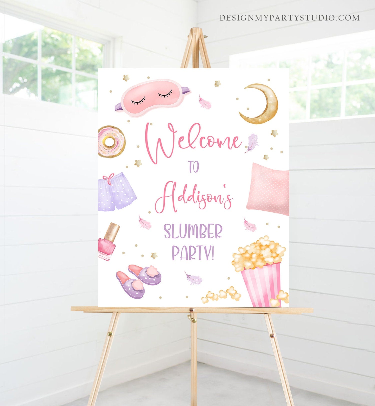 Editable Sleepover Birthday Welcome Sign Slumber Party Poster Pajamas Movie Night Sign Digital Download Template Printable 16x20 Corjl 0447