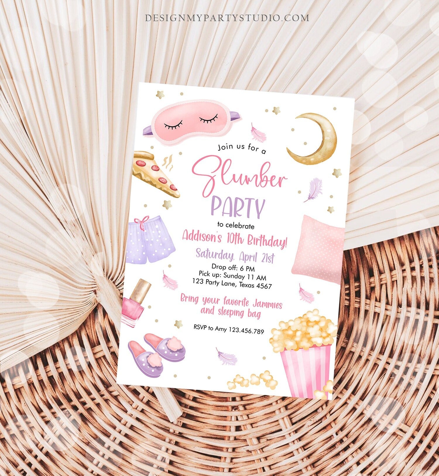 Editable Slumber Party Birthday Invitation Sleepover Birthday Invite Pink Girl Pizza PJ Teen Digital Download Evite Template Printable 0447