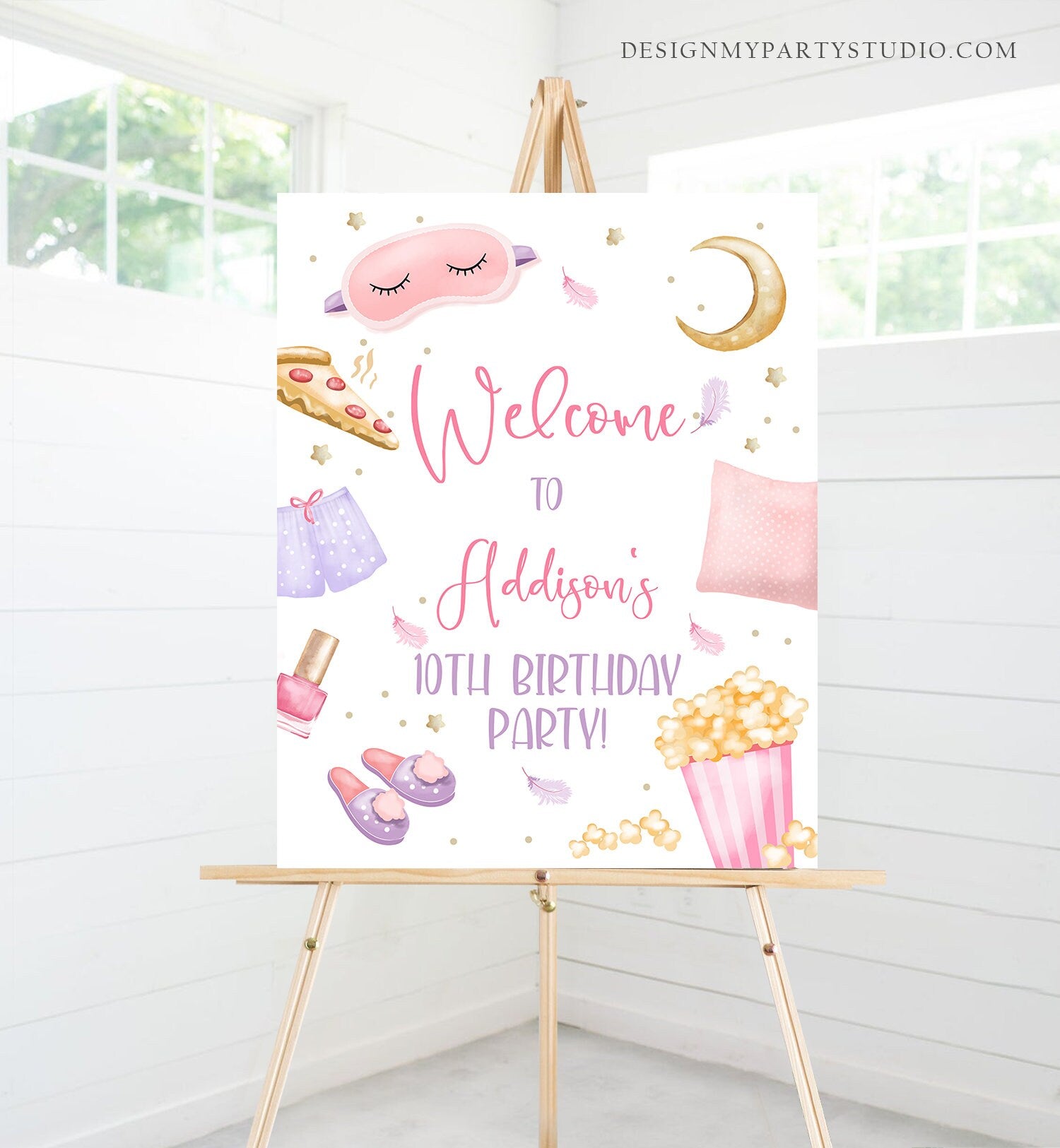 Editable Sleepover Birthday Welcome Sign Slumber Party Poster Pajamas Movie Night Pizza Popcorn Download Template Printable 16x20 Corjl 0447