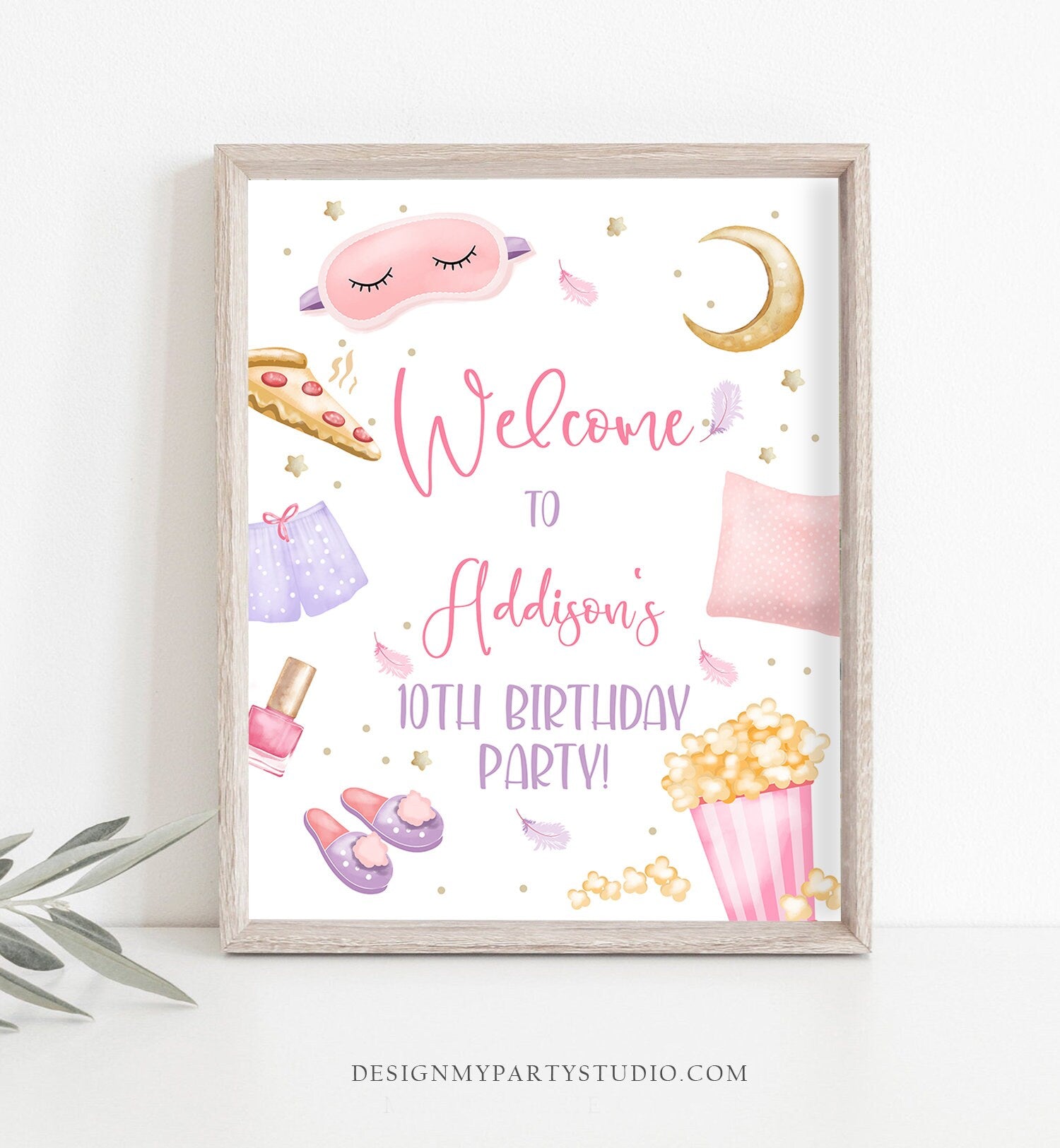 Editable Sleepover Birthday Welcome Sign Slumber Party Poster Pajamas Movie Night Pizza Popcorn Download Template Printable 16x20 Corjl 0447