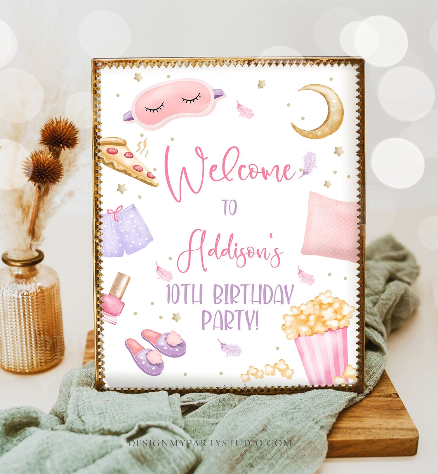 Editable Sleepover Birthday Welcome Sign Slumber Party Poster Pajamas Movie Night Pizza Popcorn Download Template Printable 16x20 Corjl 0447