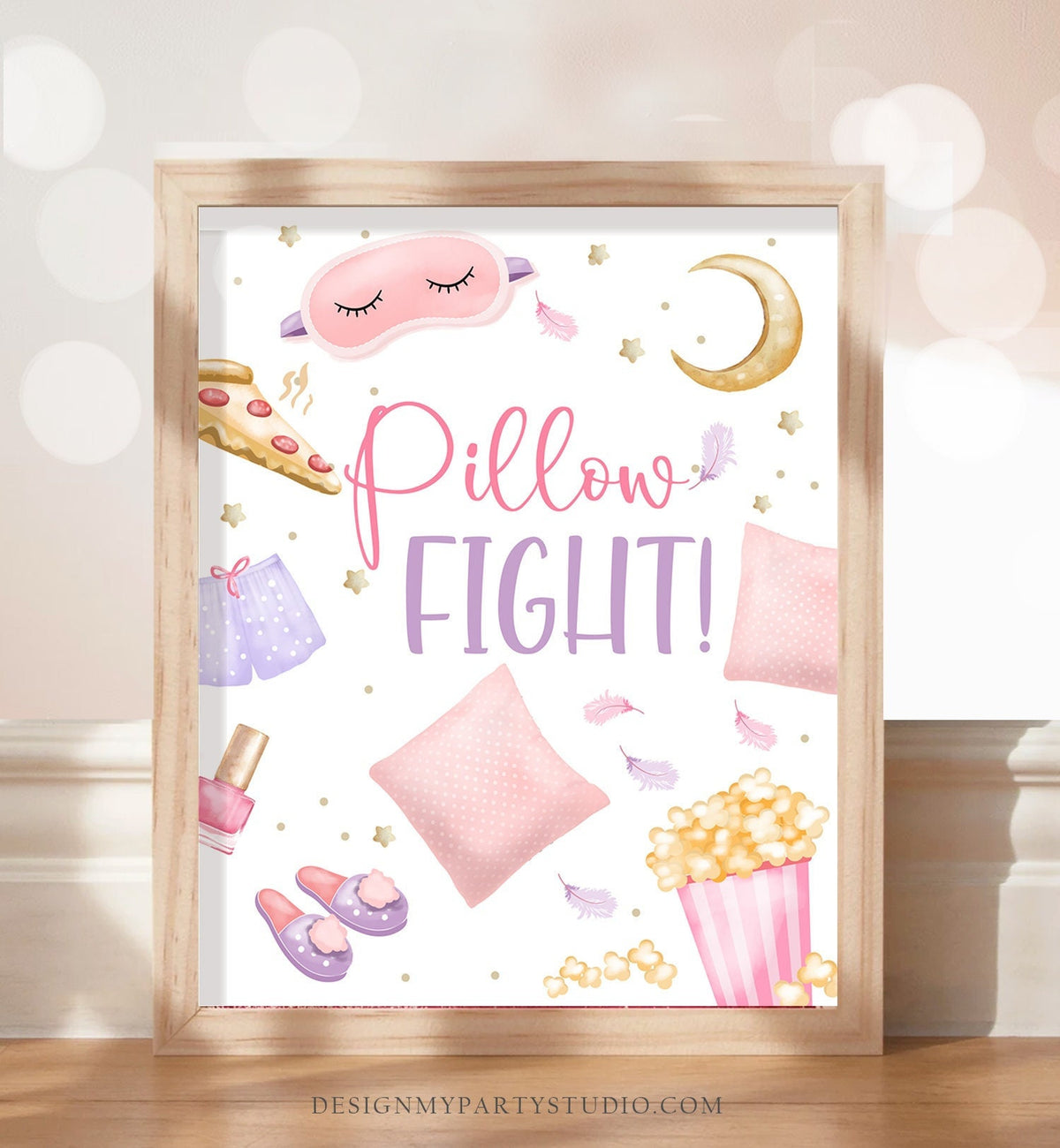 Pillow Fight Sign Sleepover Birthday Sign Slumber Party Decor Teen Birthday Pajama Party Pizza Pancakes Popcorn Girl Download Printable 0447