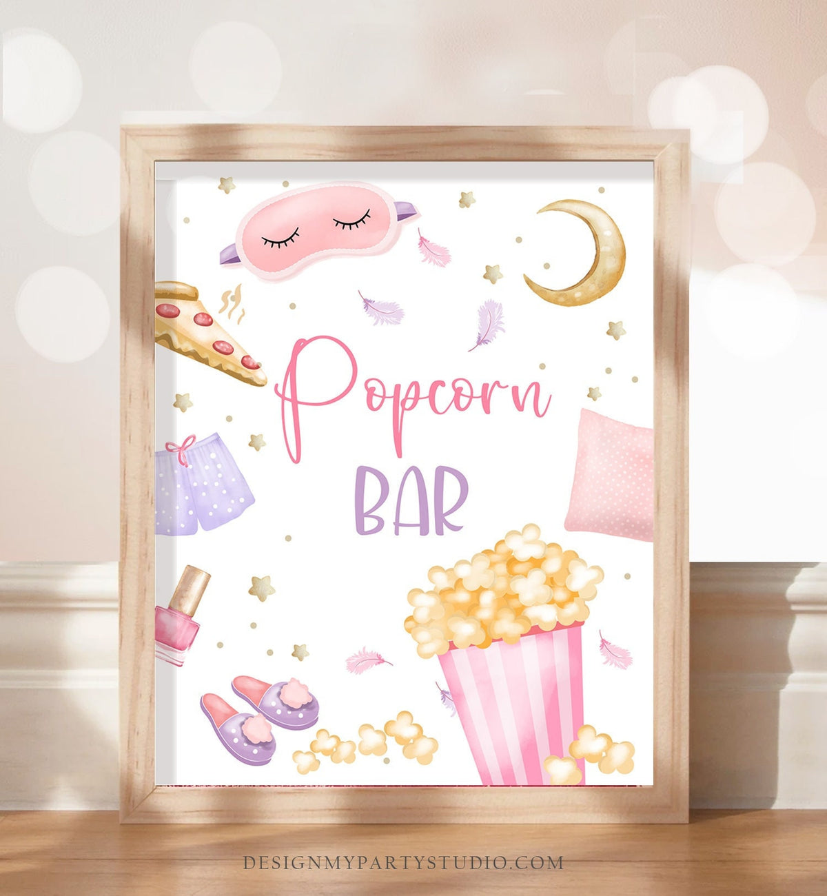 Popcorn Bar Sign Sleepover Birthday Sign Slumber Party Decor Teen Birthday Movie Night Pancakes Pajamas Snack Sign Download Printable 0447