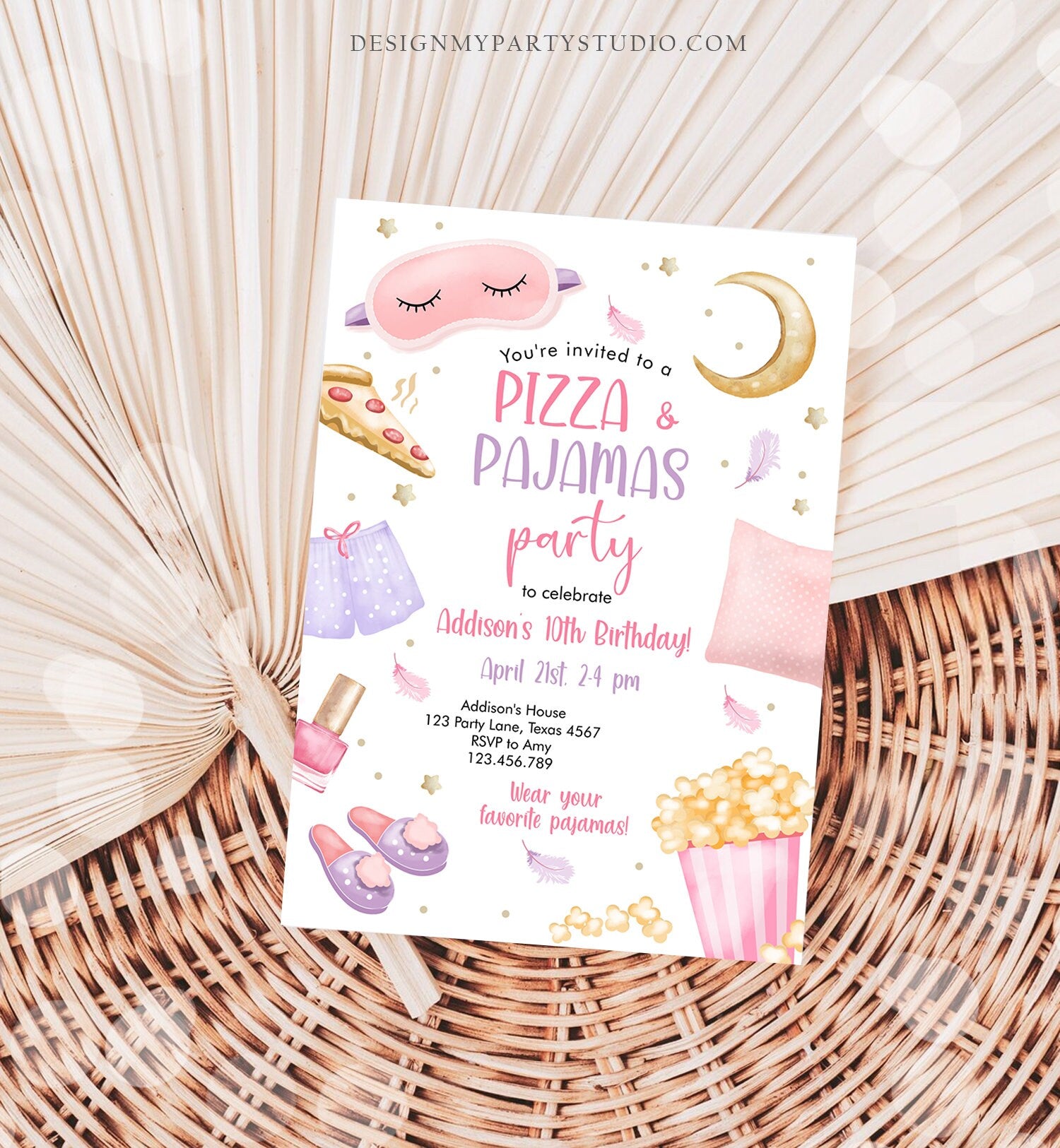 Editable Pizza and Pajamas Birthday Invitation Movie Night Party Girl Pink Teen Tween Slumber Party Digital Corjl Template Printable 0447