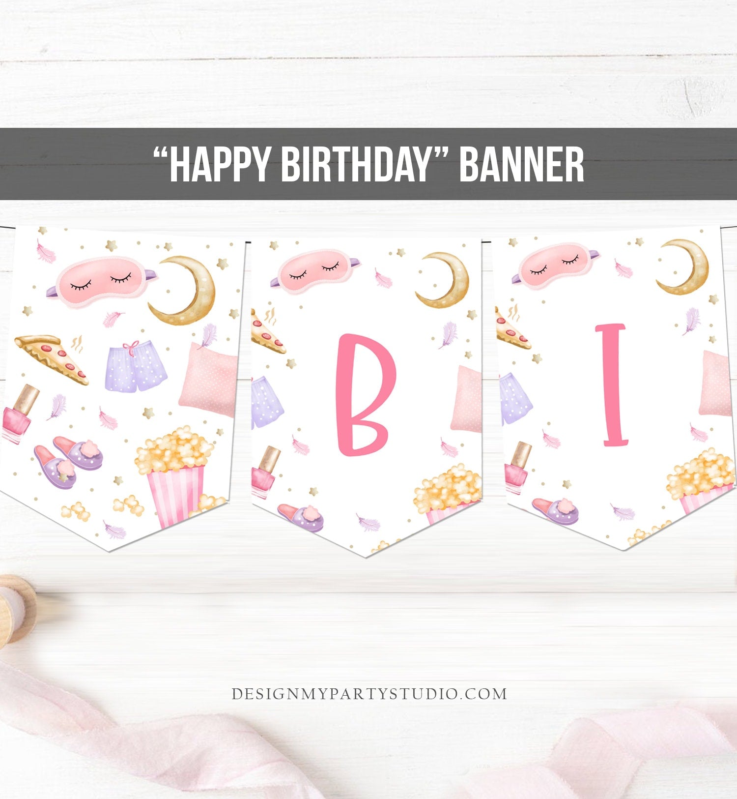 Happy Birthday Banner Sleepover Birthday Party Slumber Party Girl Movie Pizza Popcorn and Pajamas Decor Download PRINTABLE DIGITAL DIY 0447