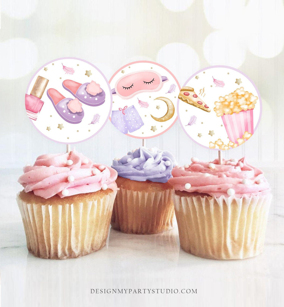 Sleepover Cupcake Toppers Slumber Party Favor Tags Girl Teen Birthday Decoration Pizza and Pajamas Popcorn Download Digital PRINTABLE 0447