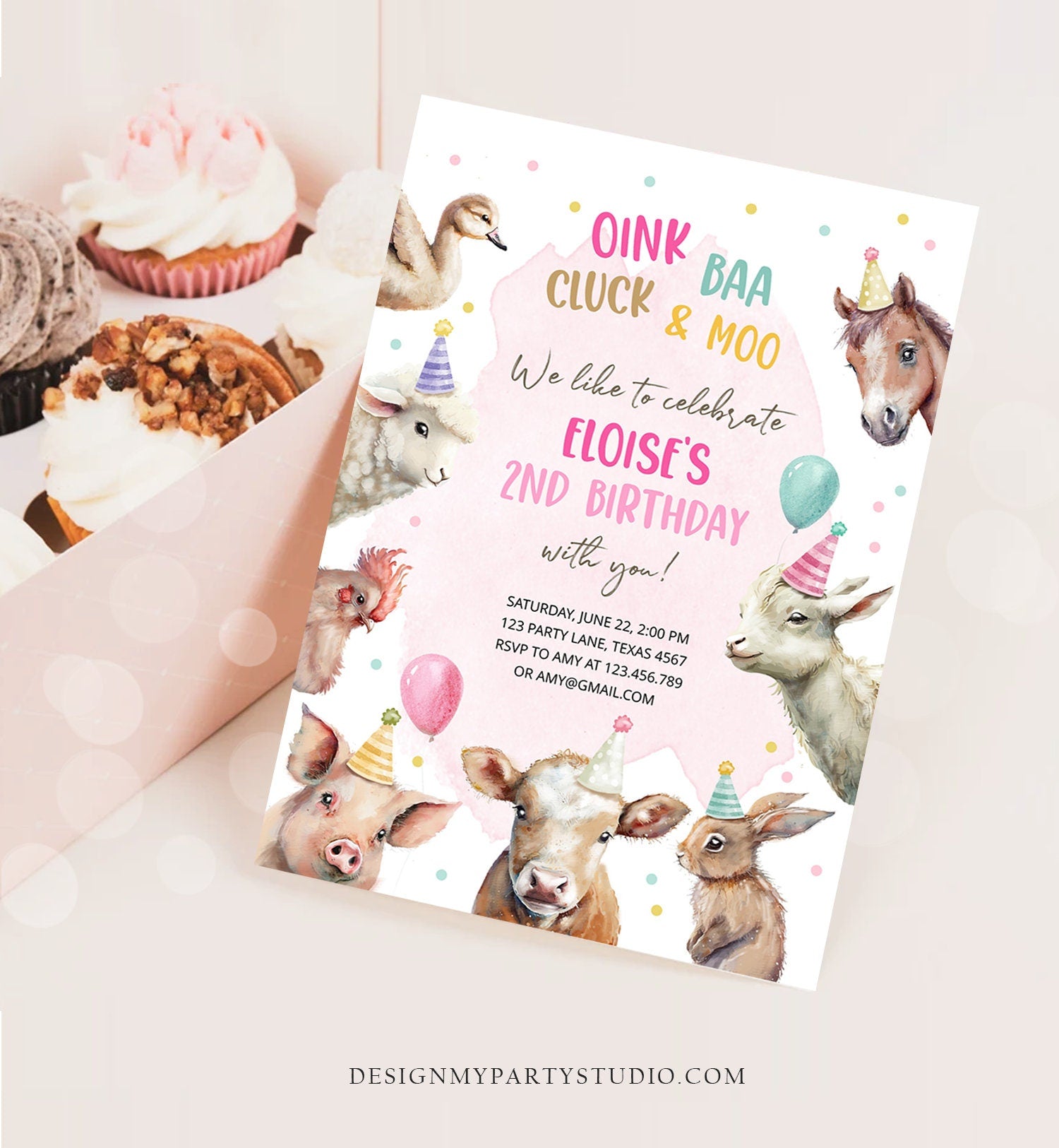 Editable Farm Birthday Invitation Girl Farm Animals Pink Barnyard Party Confetti Download Printable Invitation Template Digital Corjl 0448