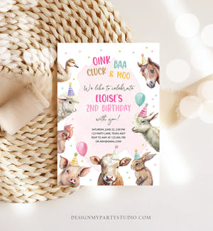 Editable Farm Birthday Invitation Girl Farm Animals Pink Barnyard Party Confetti Download Printable Invitation Template Digital Corjl 0448