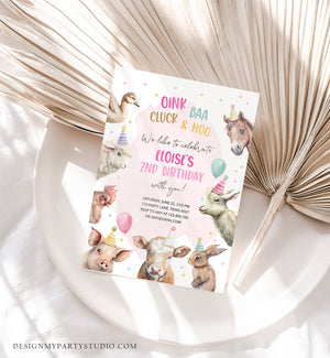 Editable Farm Birthday Invitation Girl Farm Animals Pink Barnyard Party Confetti Download Printable Invitation Template Digital Corjl 0448