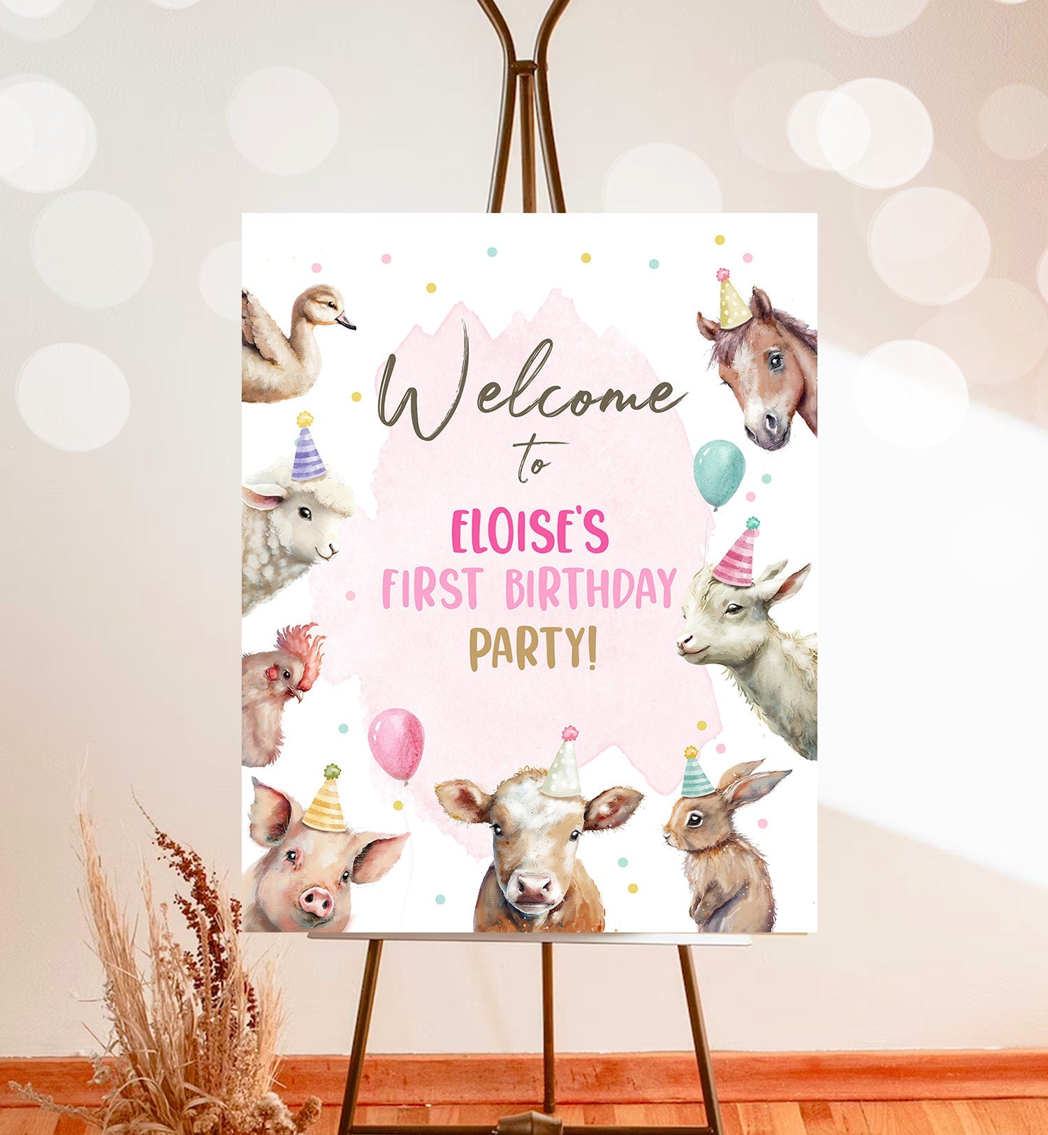 Editable Pink Farm Birthday Welcome Sign Barnyard Birthday Welcome Sign Farm Animals Birthday Welcome Girl Template Corjl PRINTABLE 0448