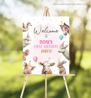 Editable Pink Farm Birthday Welcome Sign Barnyard Birthday Welcome Sign Farm Animals Birthday Welcome Girl Template Corjl PRINTABLE 0448