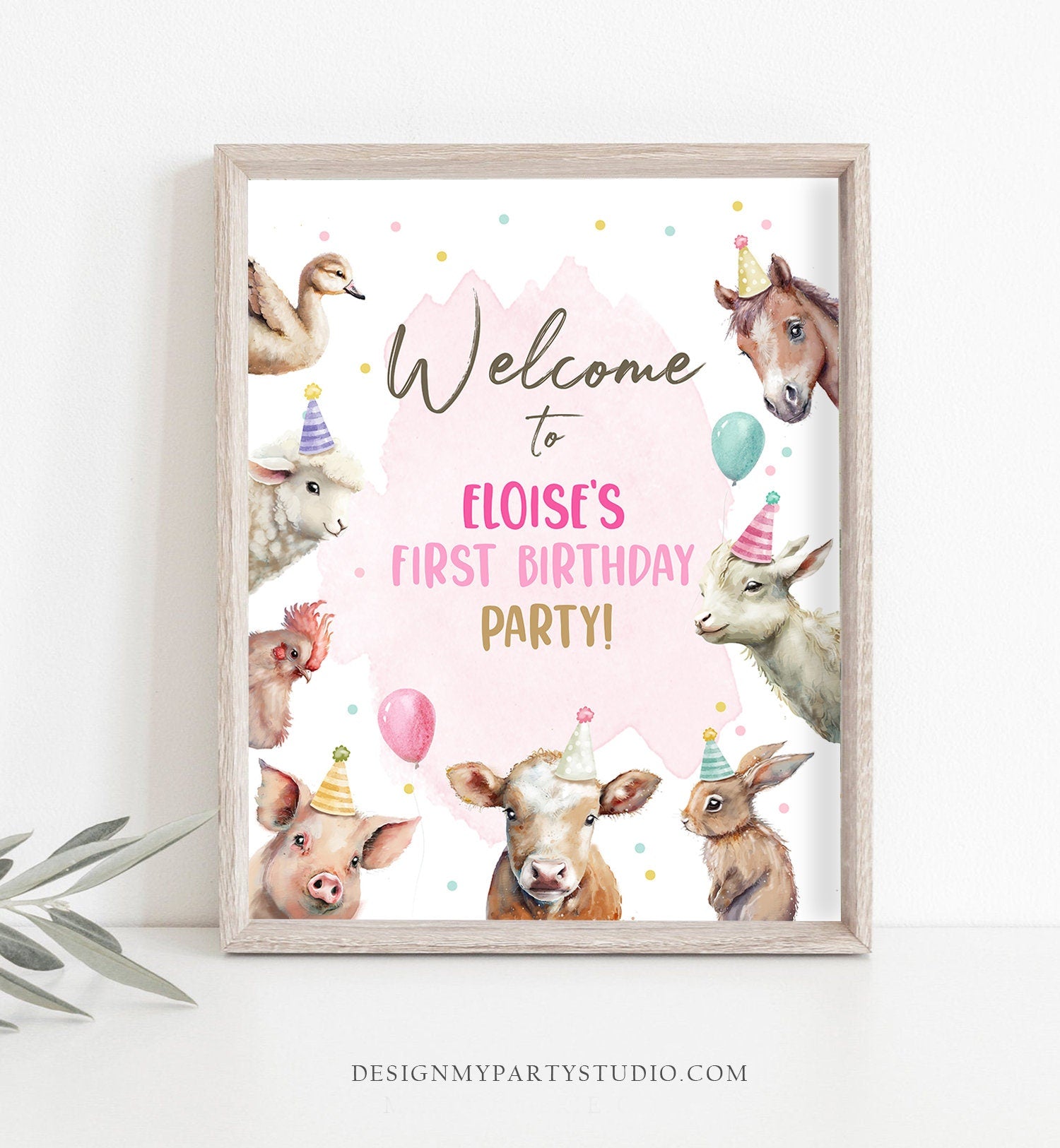 Editable Pink Farm Birthday Welcome Sign Barnyard Birthday Welcome Sign Farm Animals Birthday Welcome Girl Template Corjl PRINTABLE 0448