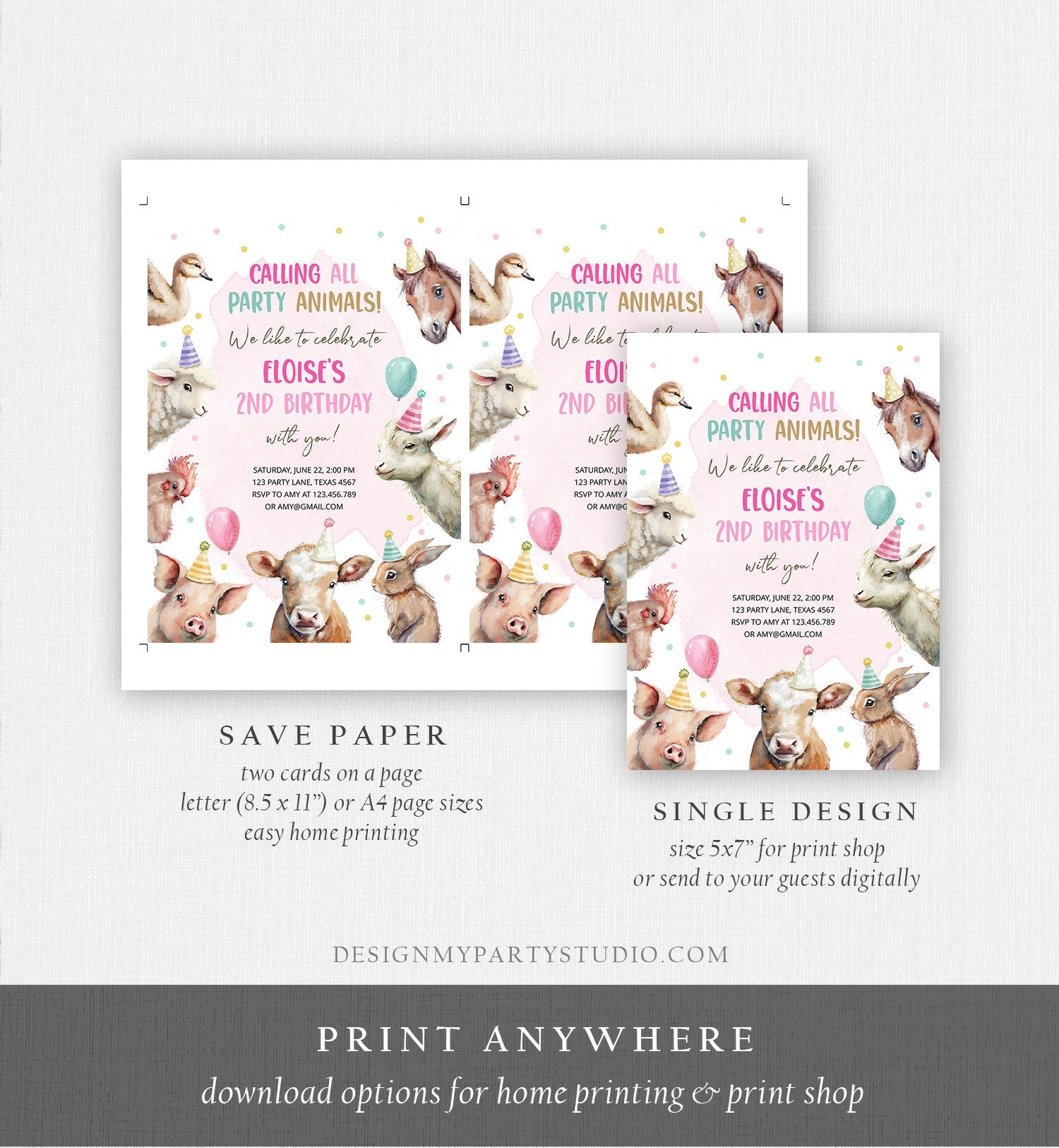 Editable Farm Animals Birthday Invitation Girl Farm Barnyard First Birthday Party Animals Confetti Download Corjl Template Printable 0448