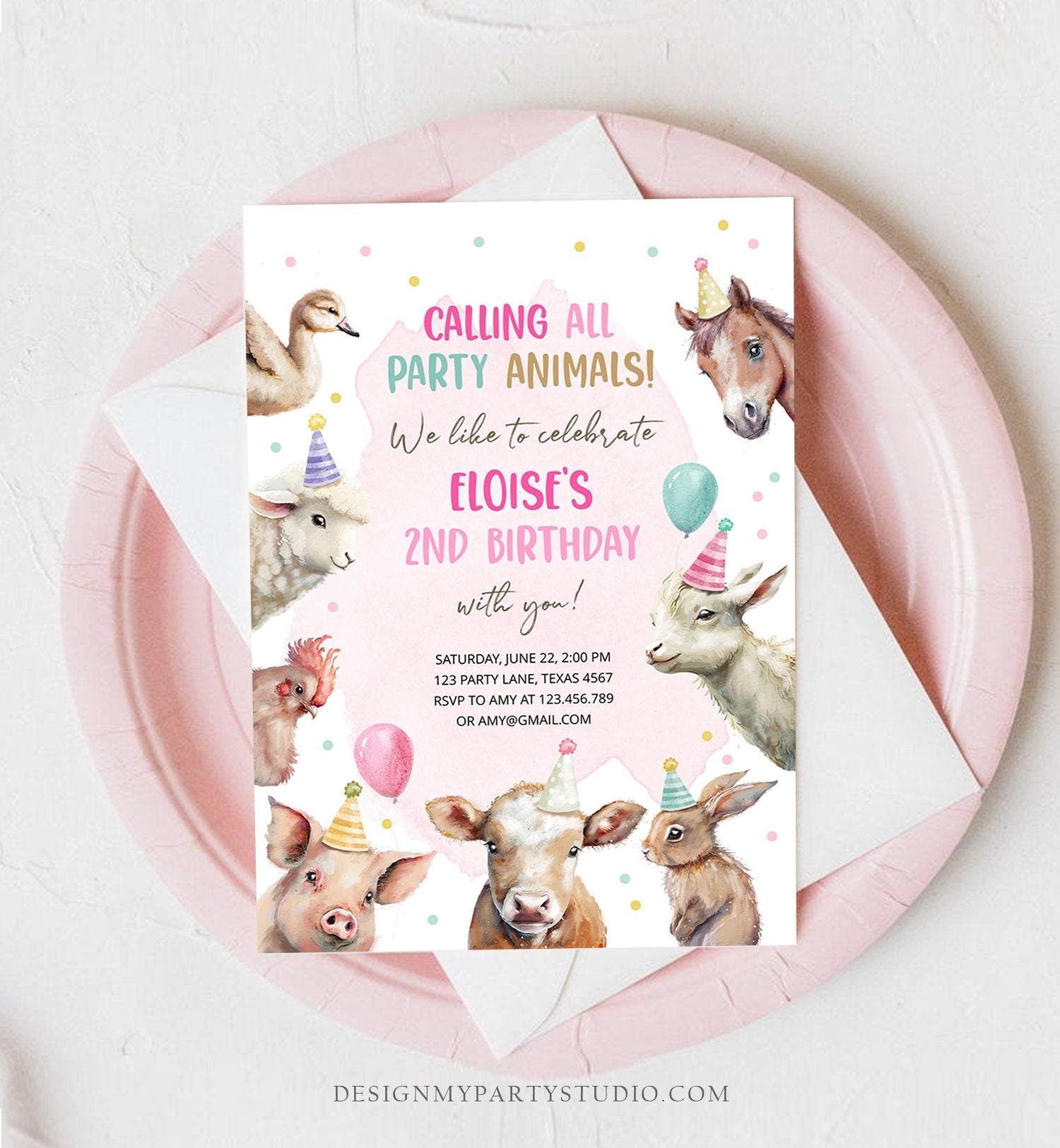 Editable Farm Animals Birthday Invitation Girl Farm Barnyard First Birthday Party Animals Confetti Download Corjl Template Printable 0448