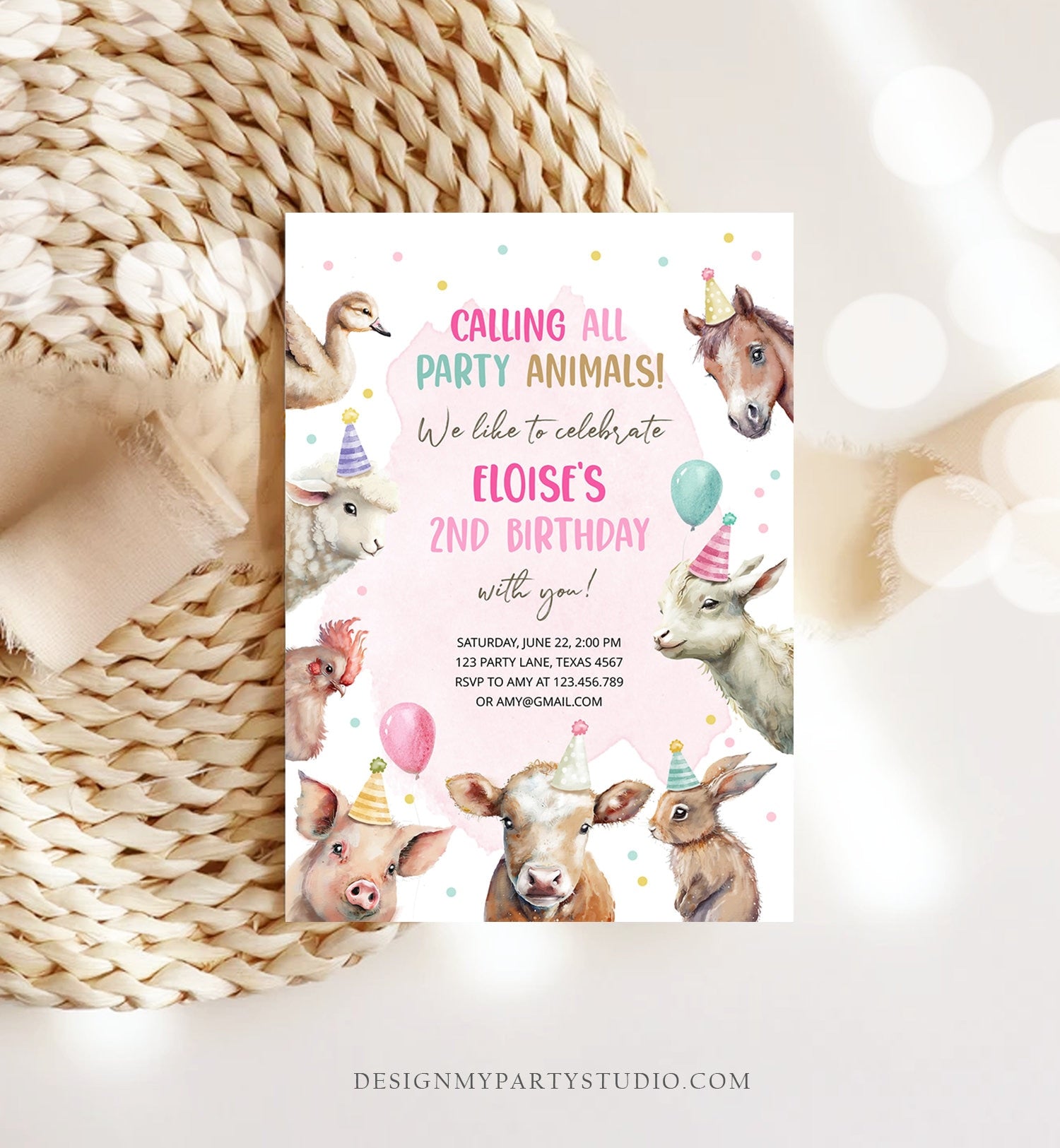 Editable Farm Animals Birthday Invitation Girl Farm Barnyard First Birthday Party Animals Confetti Download Corjl Template Printable 0448