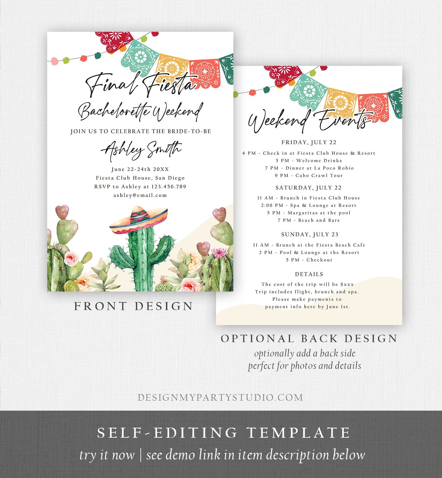 Editable Final Fiesta Bachelorette Weekend Engagement Invitation Bridal Shower Watercolor Cactus Succulent Template Corjl Printable 0404