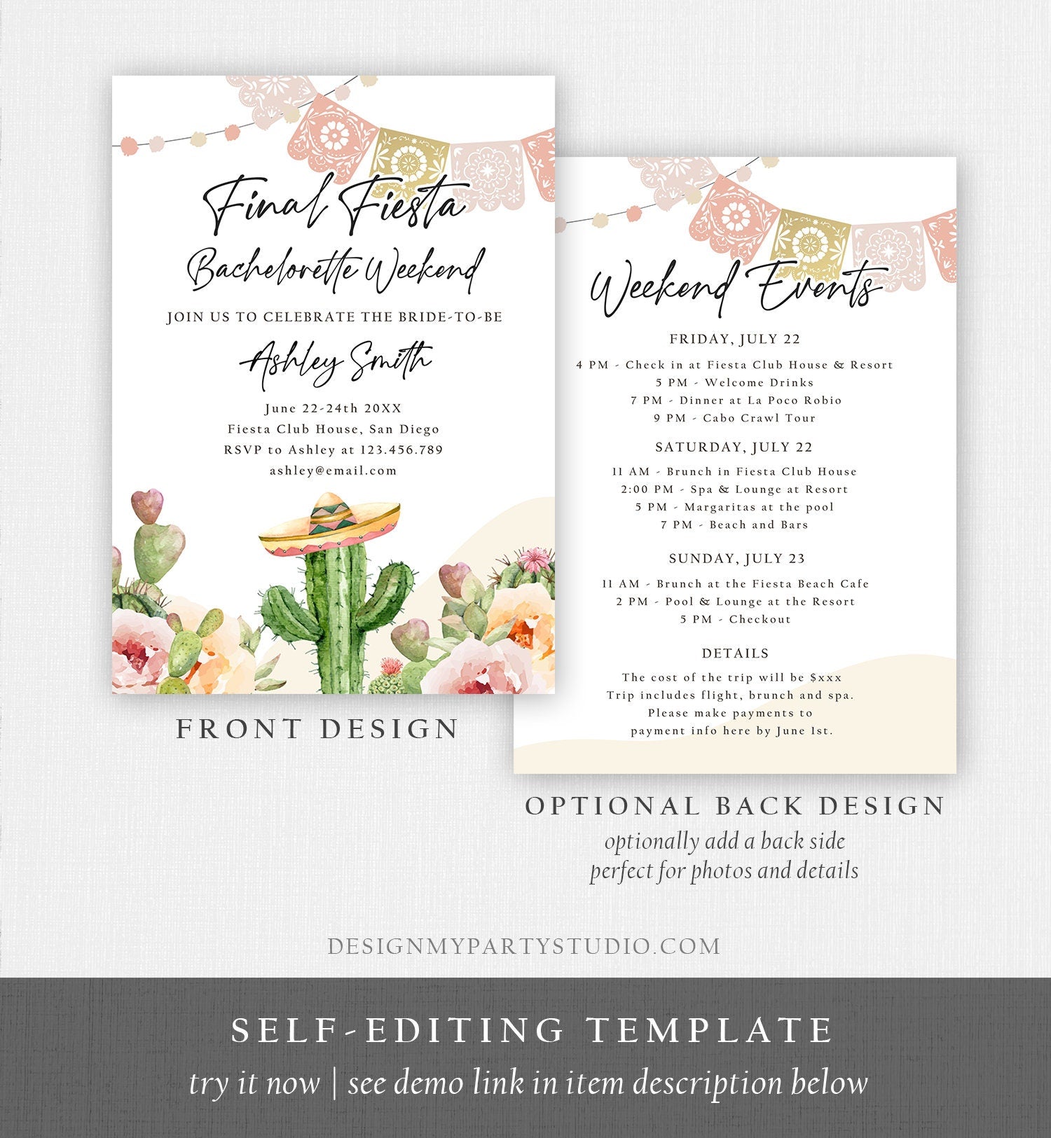 Editable Final Fiesta Bachelorette Weekend Engagement Invitation Bridal Shower Watercolor Cactus Succulent Digital Template Printable 0419