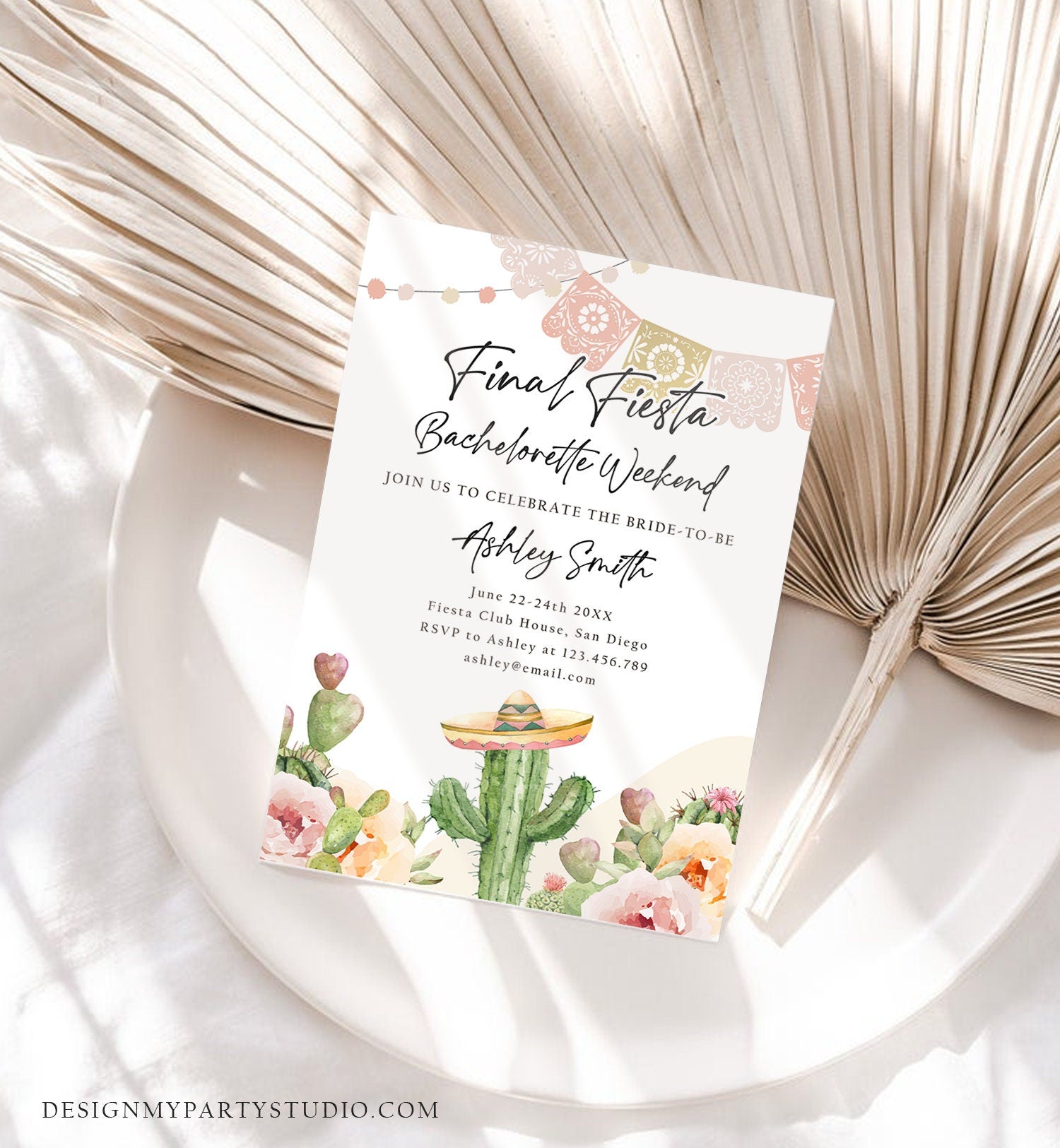 Editable Final Fiesta Bachelorette Weekend Engagement Invitation Bridal Shower Watercolor Cactus Succulent Digital Template Printable 0419