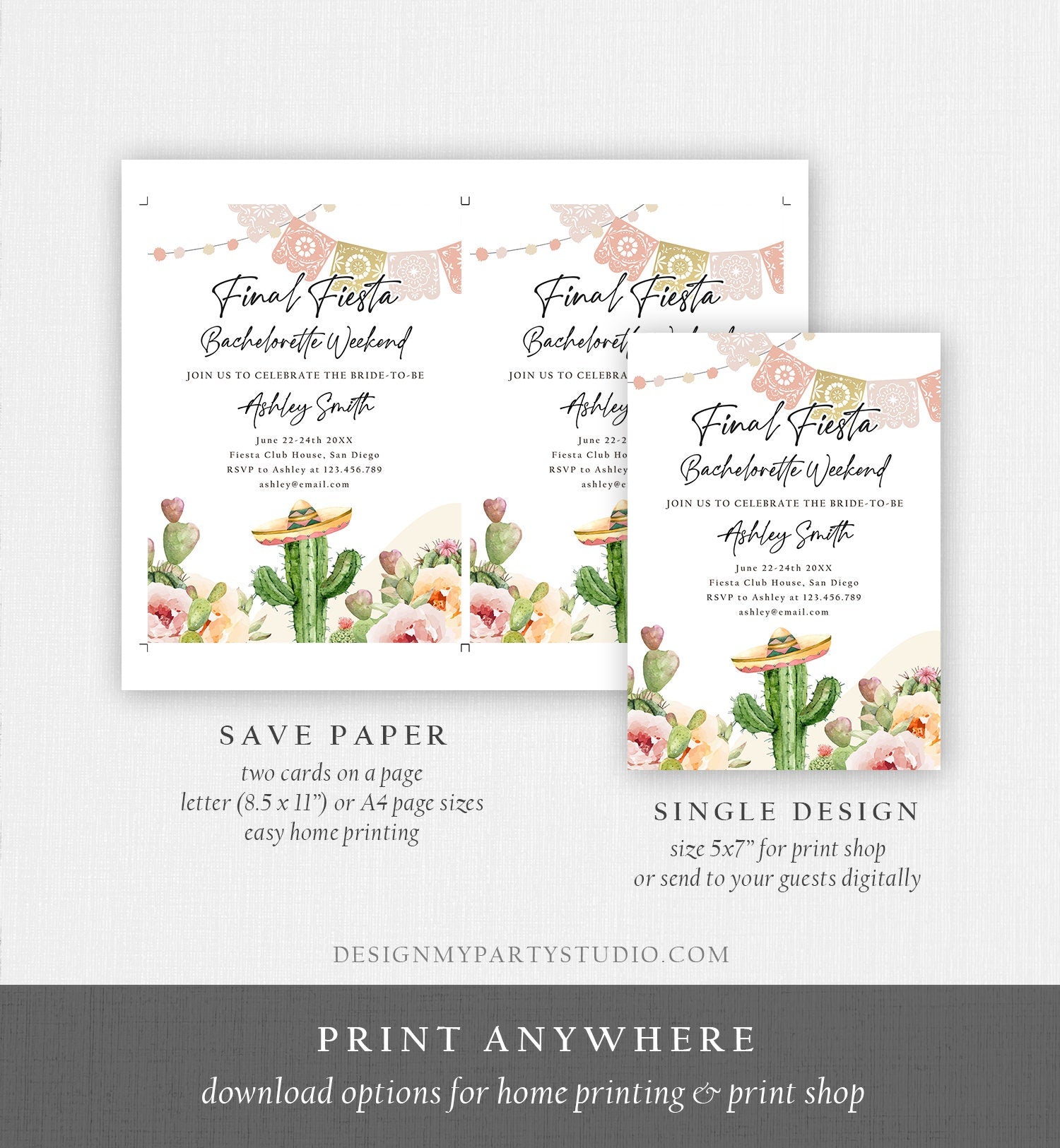 Editable Final Fiesta Bachelorette Weekend Engagement Invitation Bridal Shower Watercolor Cactus Succulent Digital Template Printable 0419