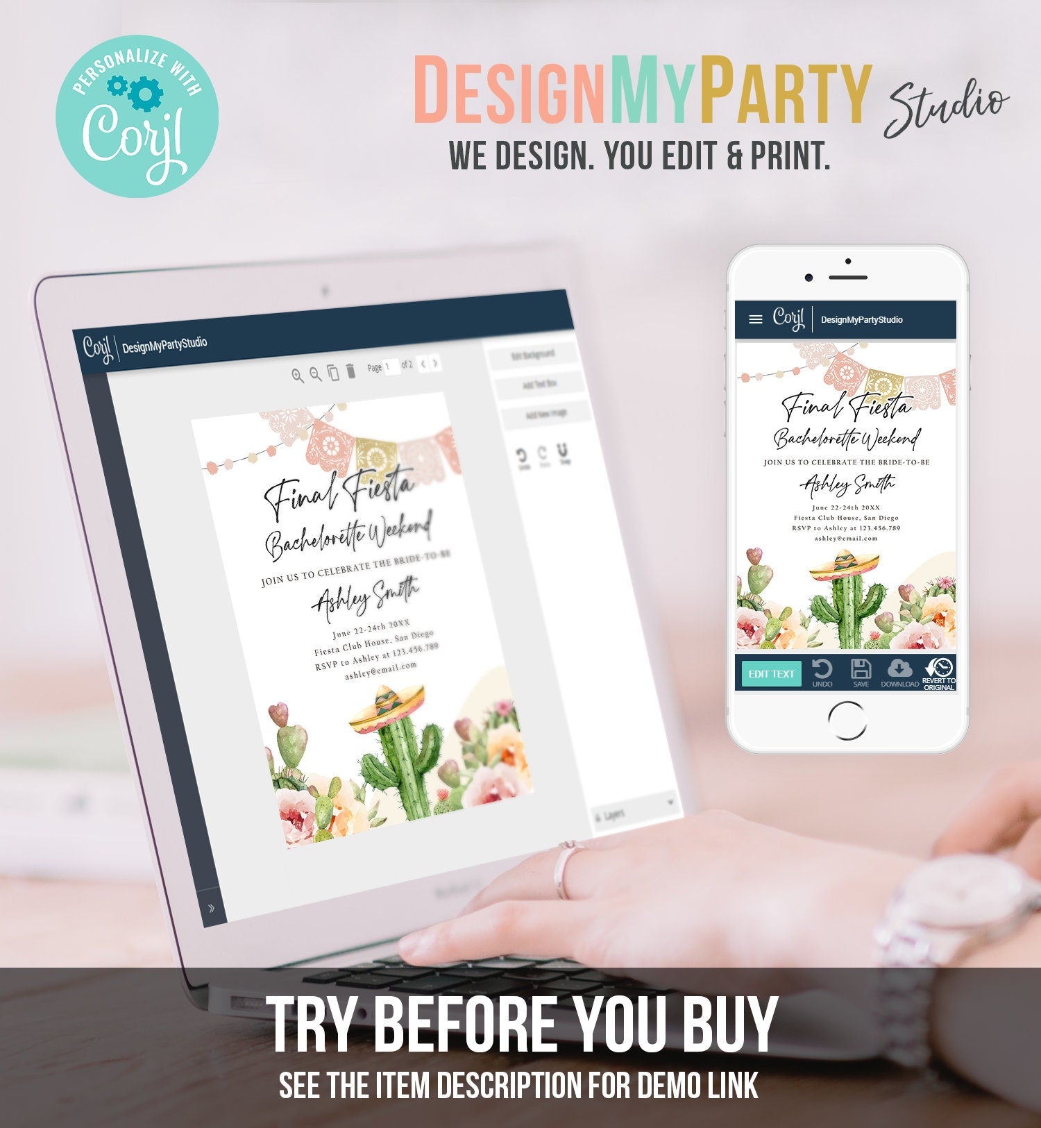 Editable Final Fiesta Bachelorette Weekend Engagement Invitation Bridal Shower Watercolor Cactus Succulent Digital Template Printable 0419