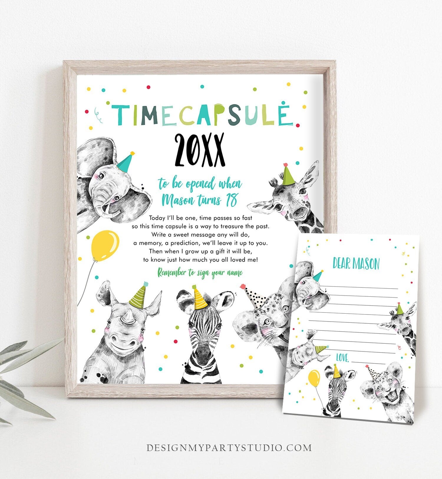 Editable Party Animals Time Capsule Boy Blue First Birthday Wild One First Birthday Party Zoo Safari Animals Jungle Digital Template 0390