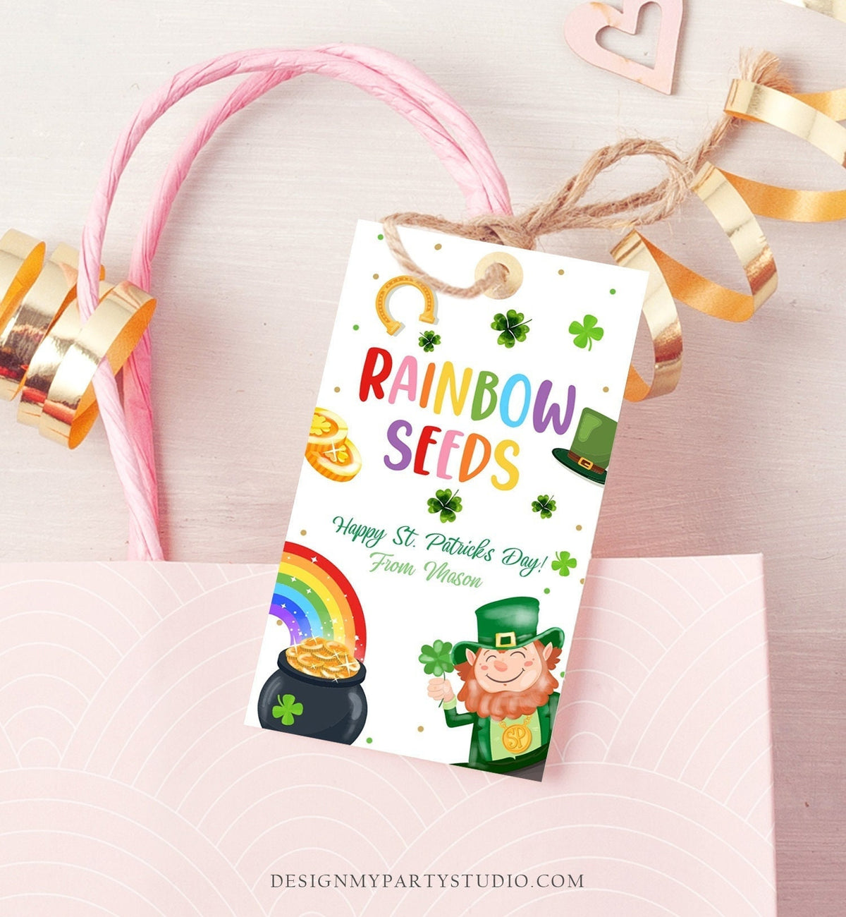 Editable St. Patrick&#39;s Day Tag Rainbow Seeds Tag Treat Favor Tag Friend School Classroom Gift Classmate Shamrock Teacher Template Corjl 0451