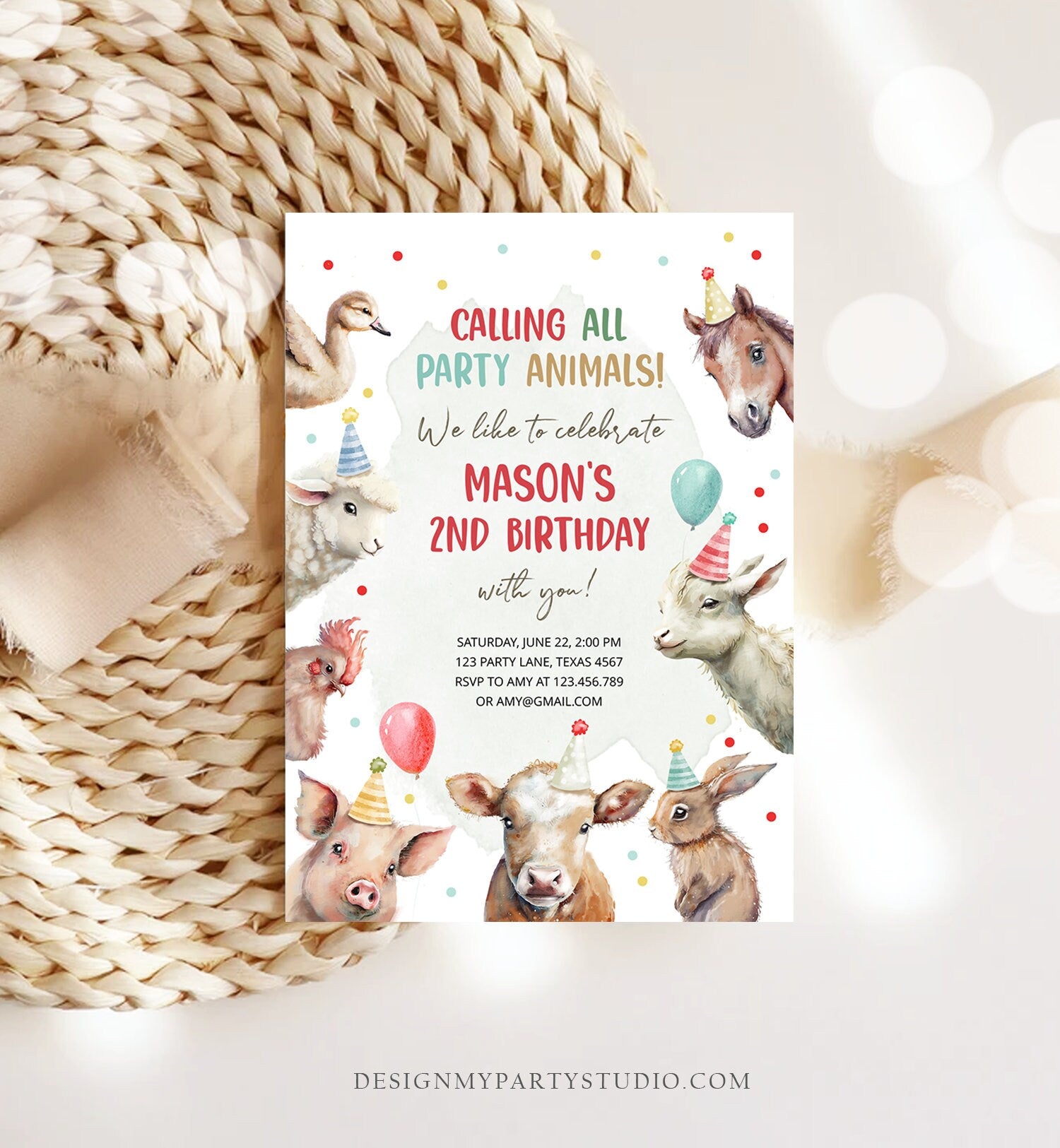 Editable Farm Animals Birthday Invitation Boy Farm Barnyard First Birthday Party Animals Confetti Download Corjl Template Printable 0448