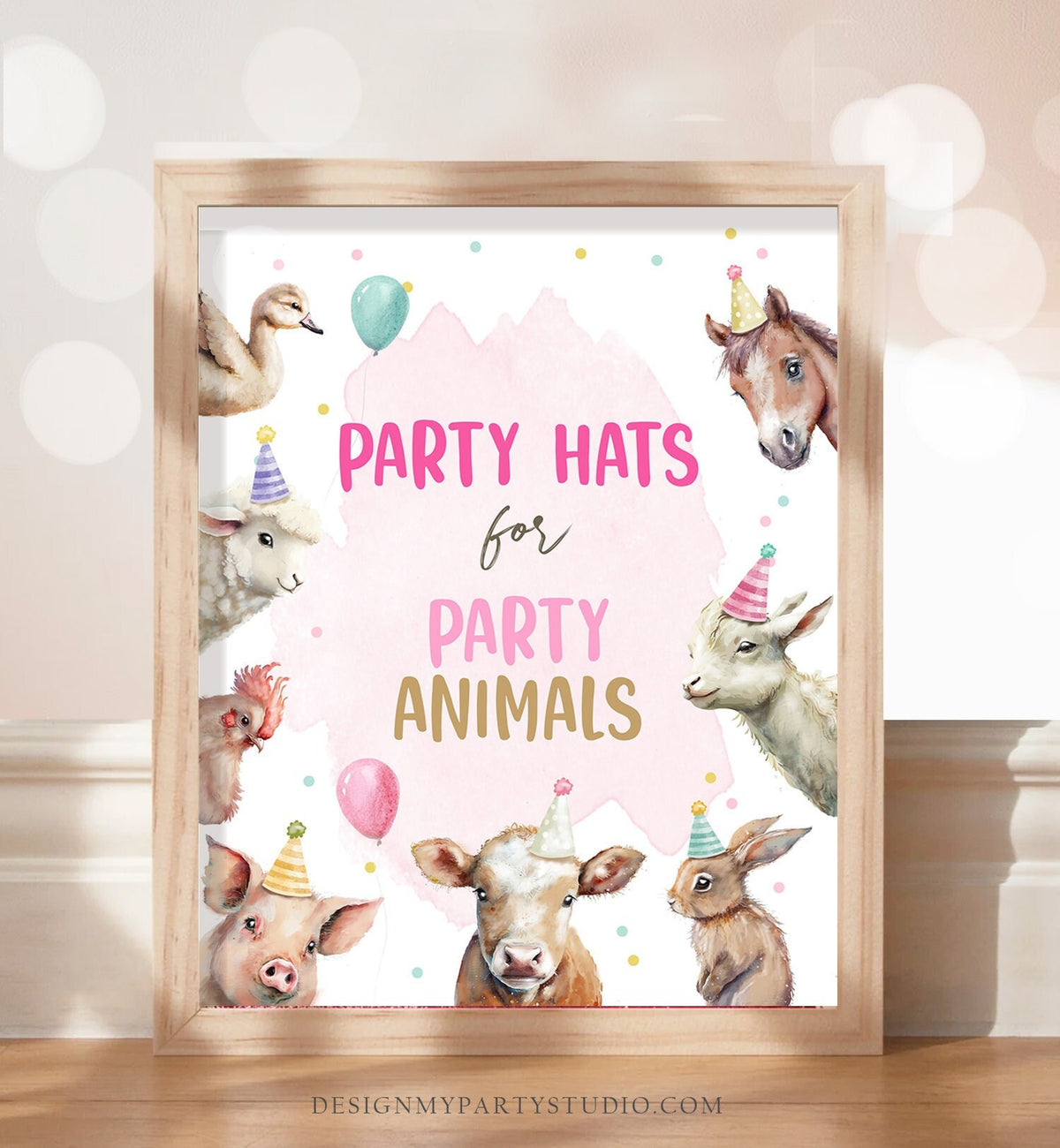 Farm Animals Party Sign Party Hats Sign Farm Birthday Sign Zoo Barnyard Birthday Farm Decor Girl Pink Decorations Sign Party Printable 0448