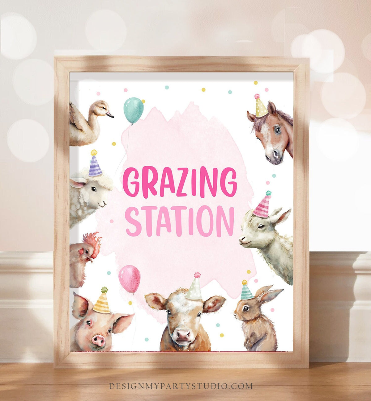 Grazing Station Food Party Sign Farm Birthday Sign Table Decor Barnyard Birthday Farm Animals Pink Girl Snacks Farm Party Printable 0448