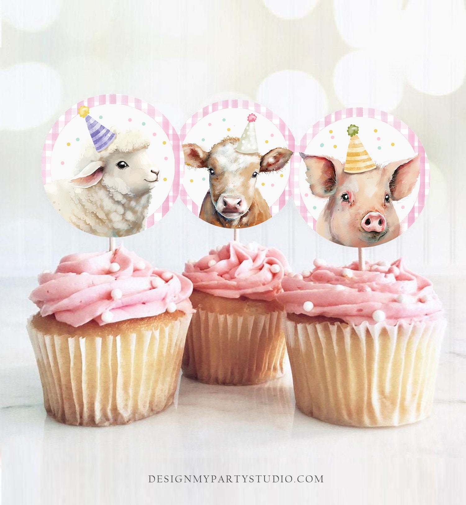 Barnyard Birthday Cupcake Toppers Favor Tags Farm Birthday Party Decoration Girl Farm Animals Pink Stickers Digital Download Printable 0448