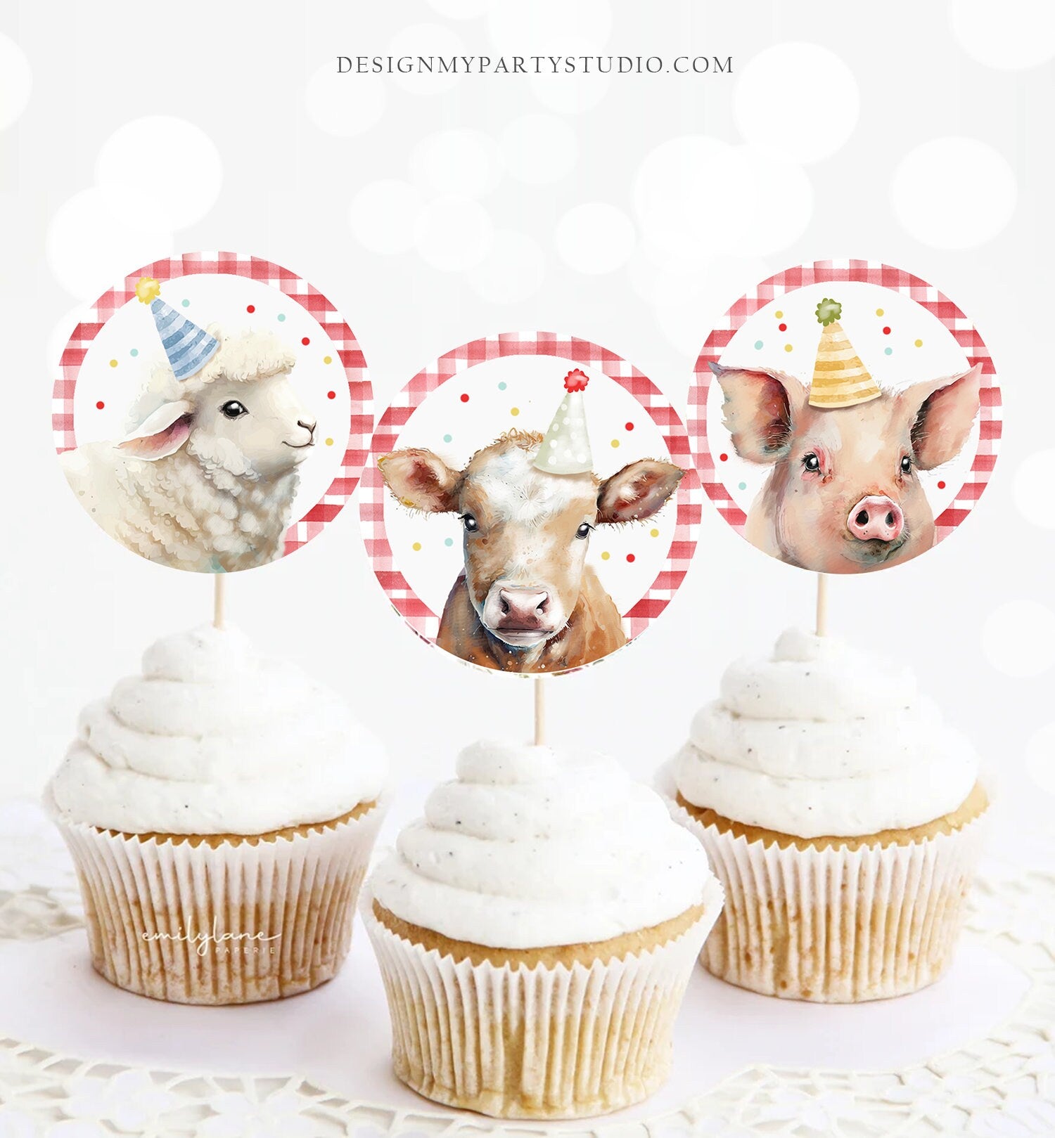 Barnyard Birthday Cupcake Toppers Favor Tags Farm Birthday Party Decoration Red Farm Animals Stickers Digital Download Printable 0448