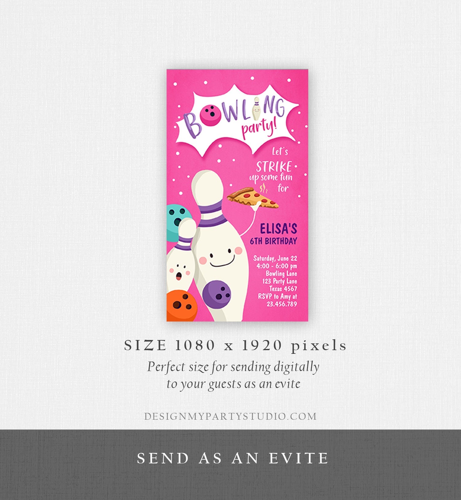 Editable Bowling Birthday Evite Strike Up Some Fun Girl Bowling Party Pizza Pink Download Phone Invitation Digital Template Printable 0324