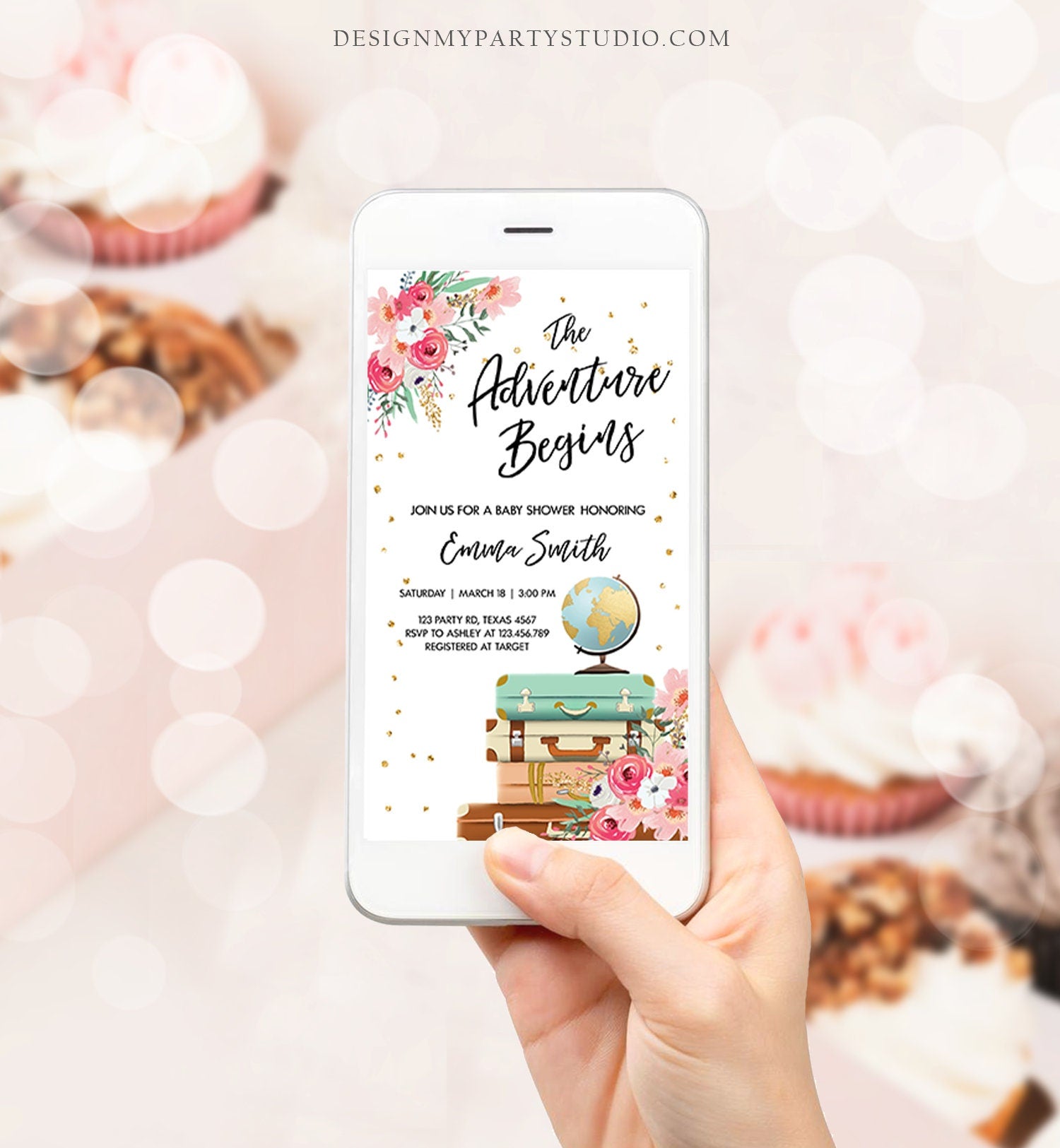 Editable The Adventure Begins Baby Shower Evite Pink Floral Gold Confetti Suitcases Travel Around World Phone Invitation Corjl Template 0030