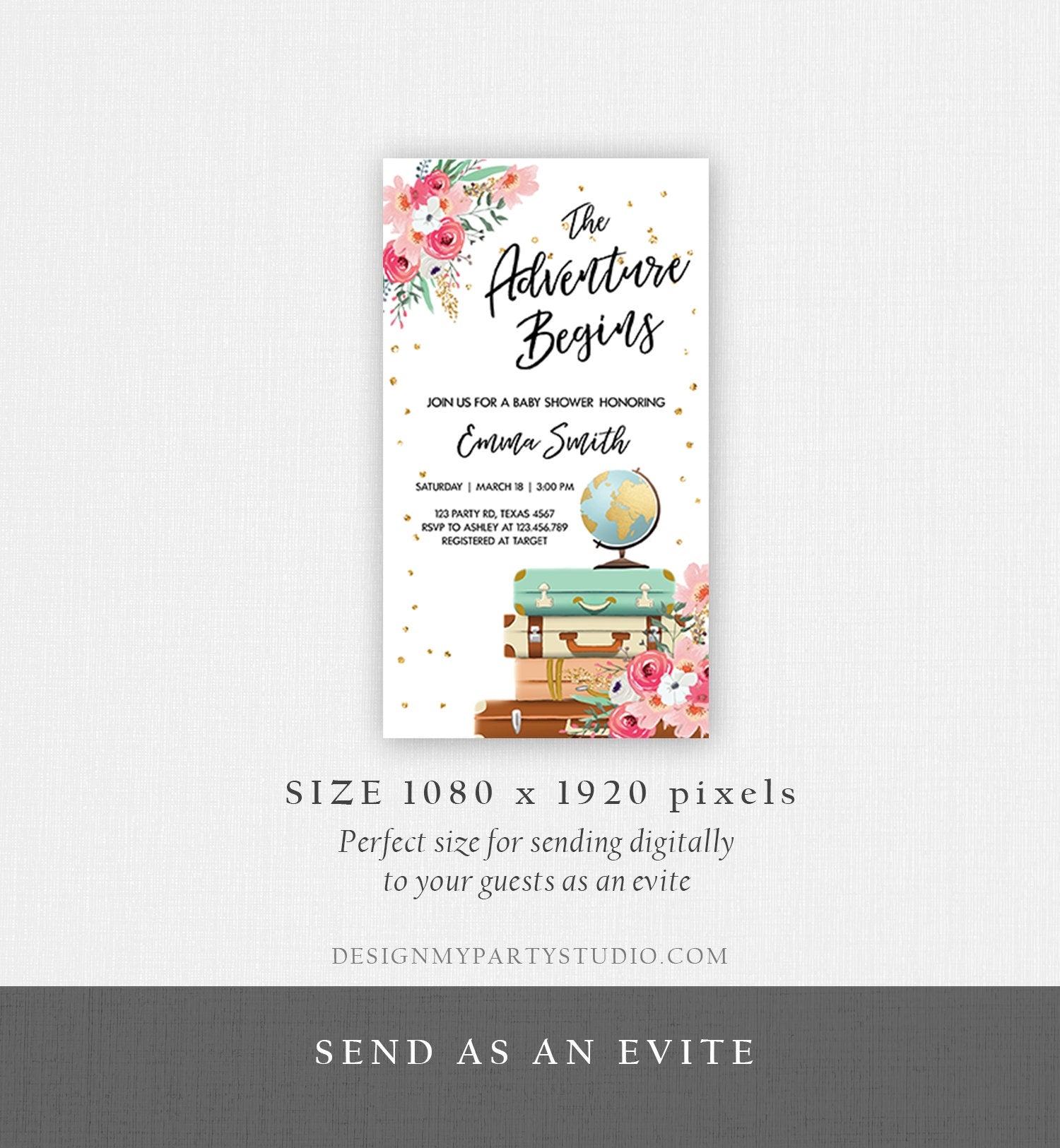 Editable The Adventure Begins Baby Shower Evite Pink Floral Gold Confetti Suitcases Travel Around World Phone Invitation Corjl Template 0030