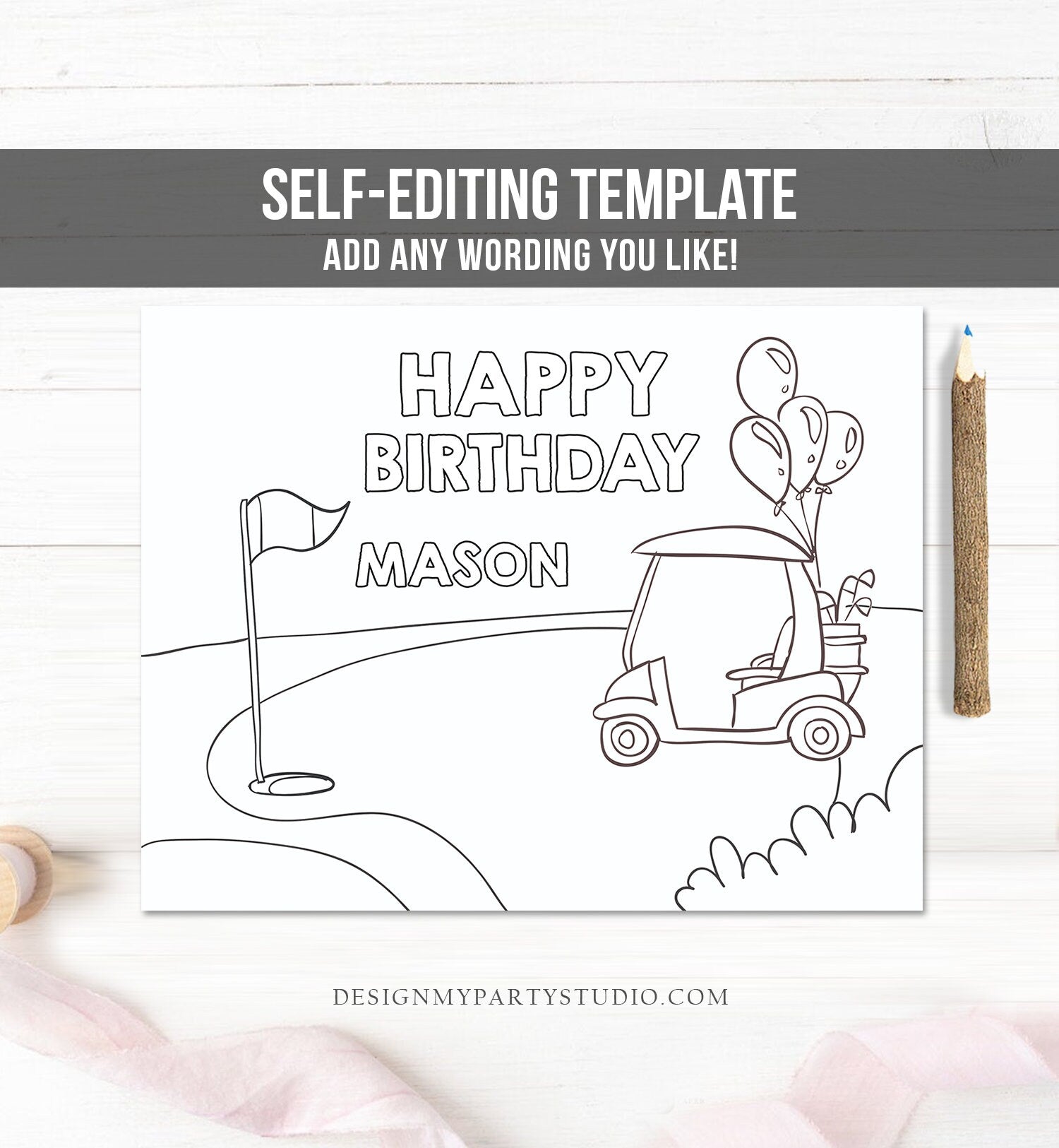 Editable Coloring Page Golf Birthday Party Activity Game Golfing Birthday Hole in One Party Boy Girl Instant Download PRINTABLE Corjl 0405