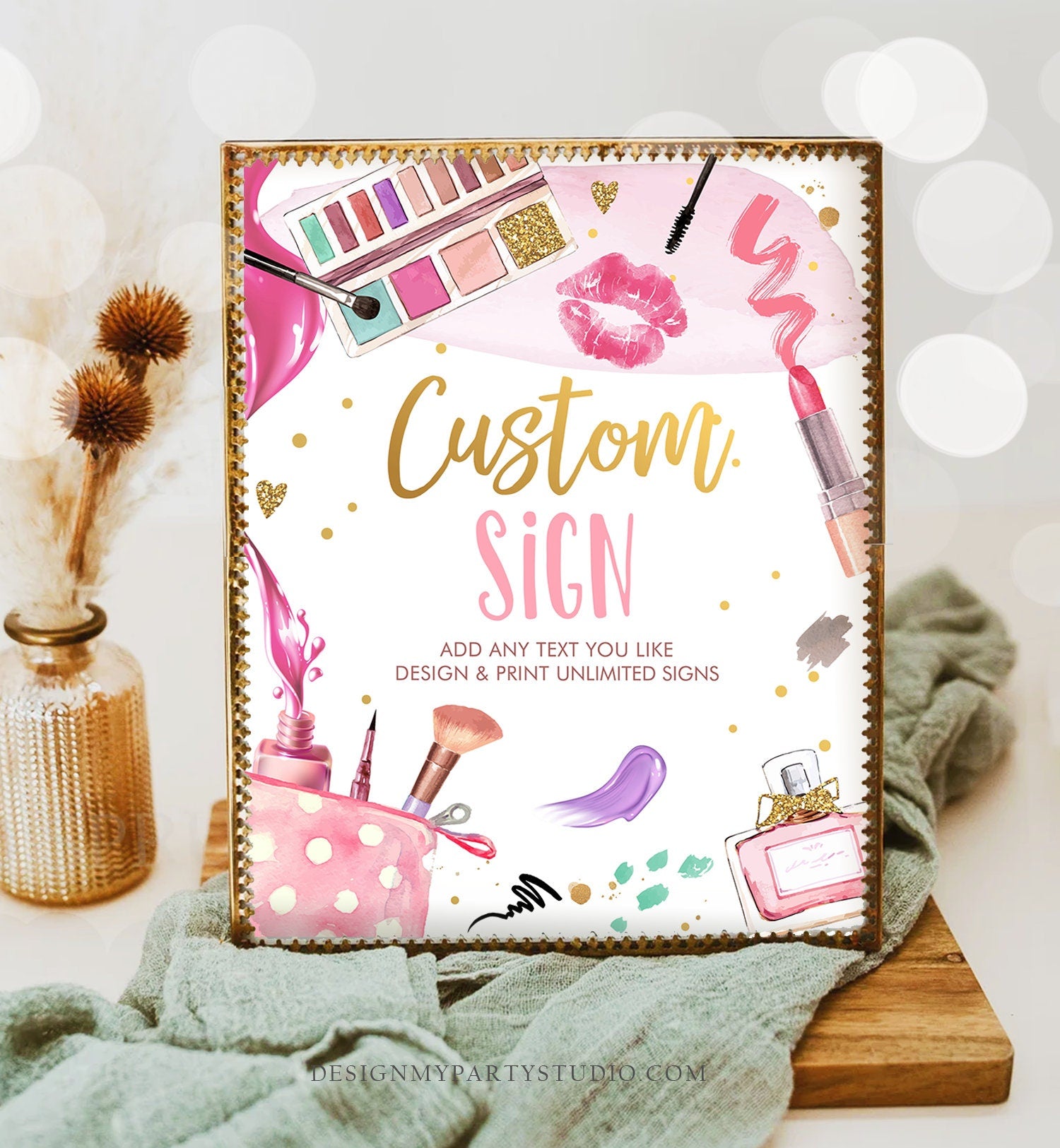 Editable Custom Sign Spa Party Sign Makeup Party Pink Gold Girl Teen Birthday Glitters and Glamour Table 8x10 Corjl Template Printable 0420