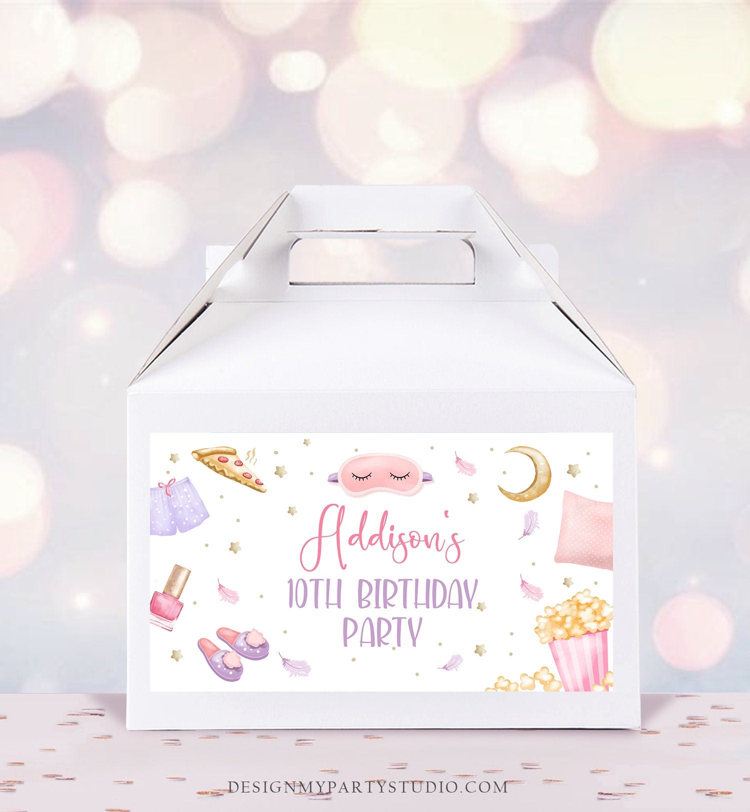 Editable Slumber Party Favor Box Sleepover Birthday Gable Box Label Girl Spa Party Pizza and Pajamas Popcorn Digital Download Printable 0447