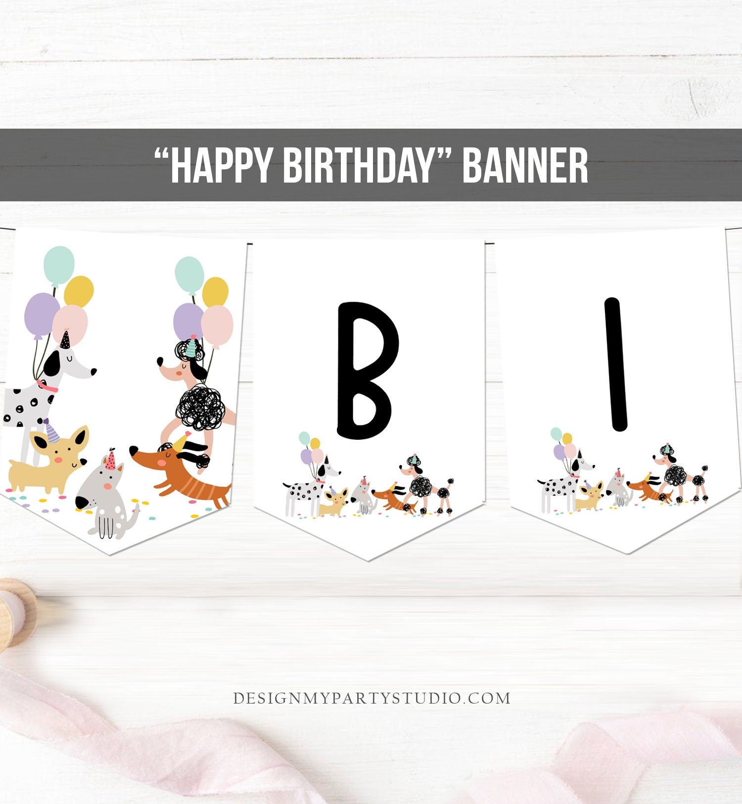 Happy Birthday Banner Dog Birthday Banner Puppy Pawty Girl Decor Animal Pet Vet Puppy Party Dogs 1st Instant Digital Download Printable 0429