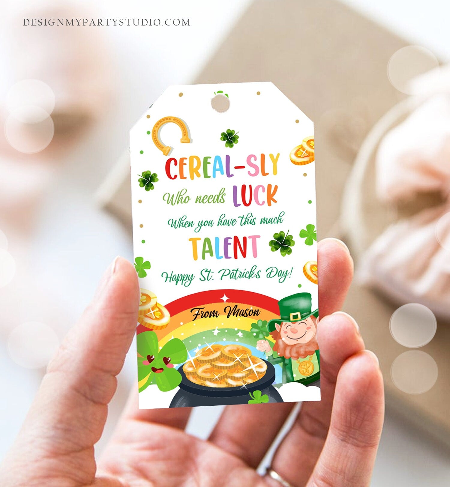 Editable St. Patrick's Day Tag Cerealsly Lucky Favor Rainbow Favor Tag Coworker Teammate Appreciation Competition Staff Template Corjl 0451