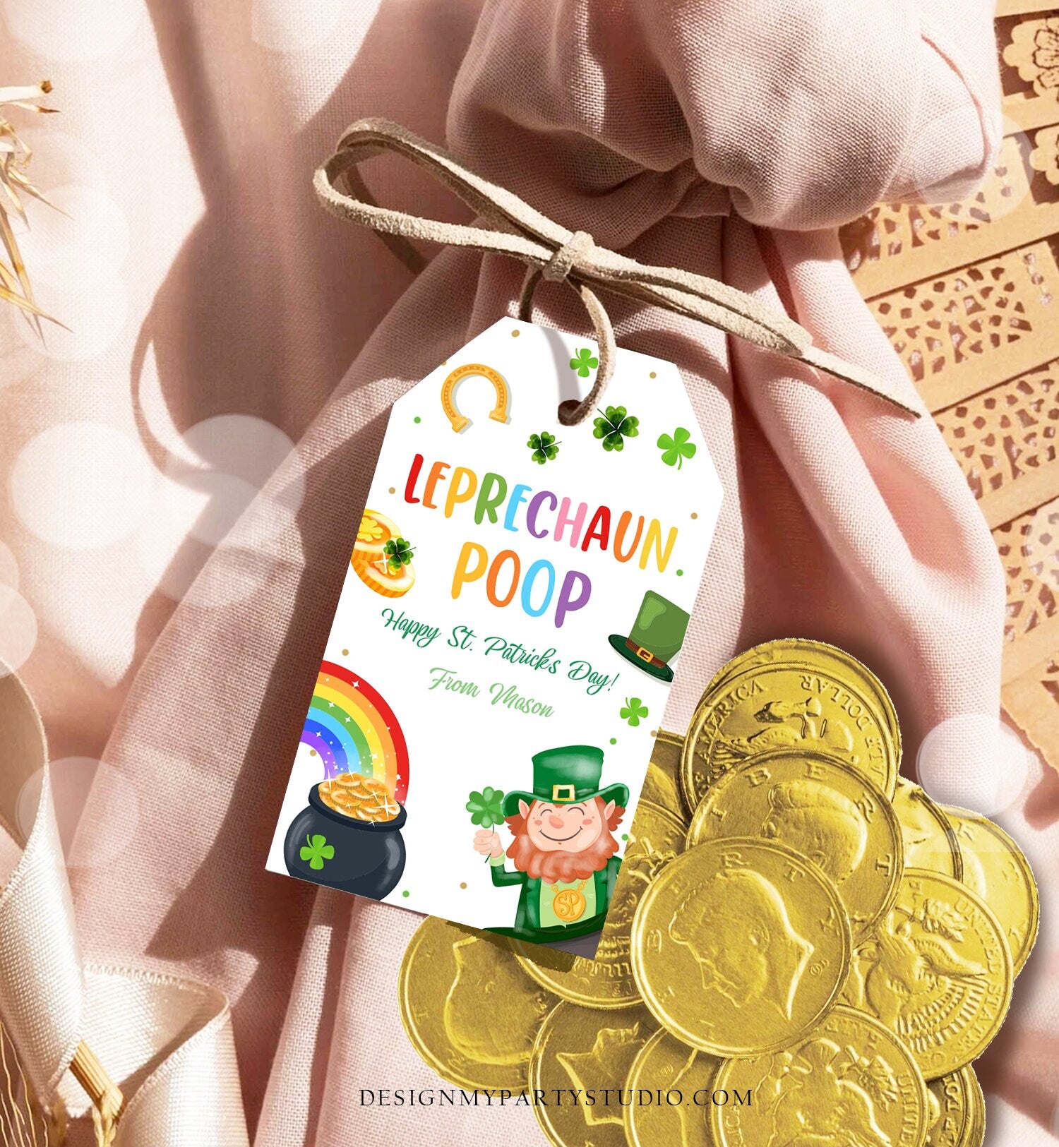 Editable St. Patrick's Day Tag Leprechaun Poop Tag Lucky Teacher School Kids Classroom Rainbow Gold Shamrock Digital Template Corjl 0451