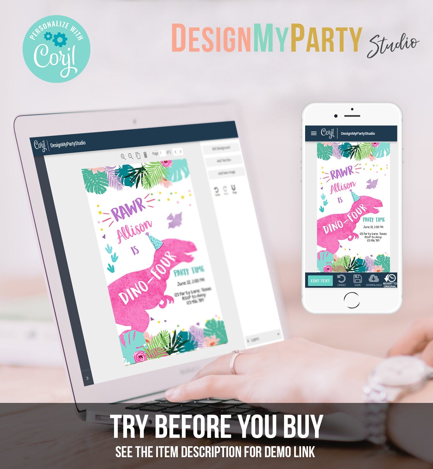 Editable Dino-Four Dinosaur Birthday Evite Dino T-Rex 4th Birthday Invitation Fourth Girl Pink Prehistoric Phone Digital Corjl Template 0423