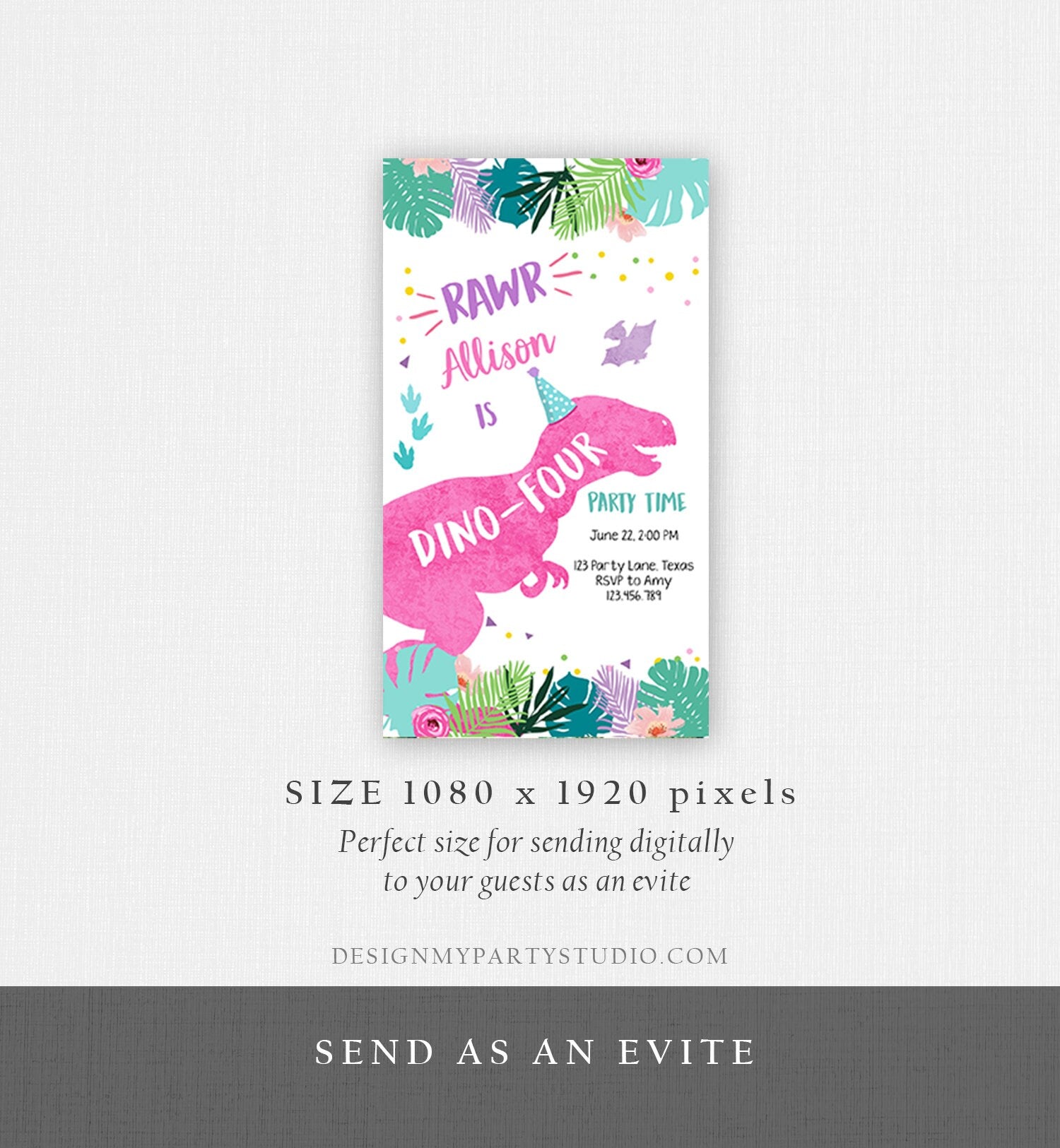 Editable Dino-Four Dinosaur Birthday Evite Dino T-Rex 4th Birthday Invitation Fourth Girl Pink Prehistoric Phone Digital Corjl Template 0423