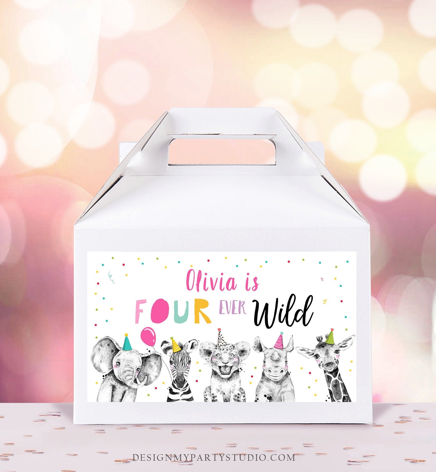 Editable Party Animals Gable Box Label Safari Animals 4th Birthday Gift Box Labels Four Ever Wild Girl Download Digital Printable 0390